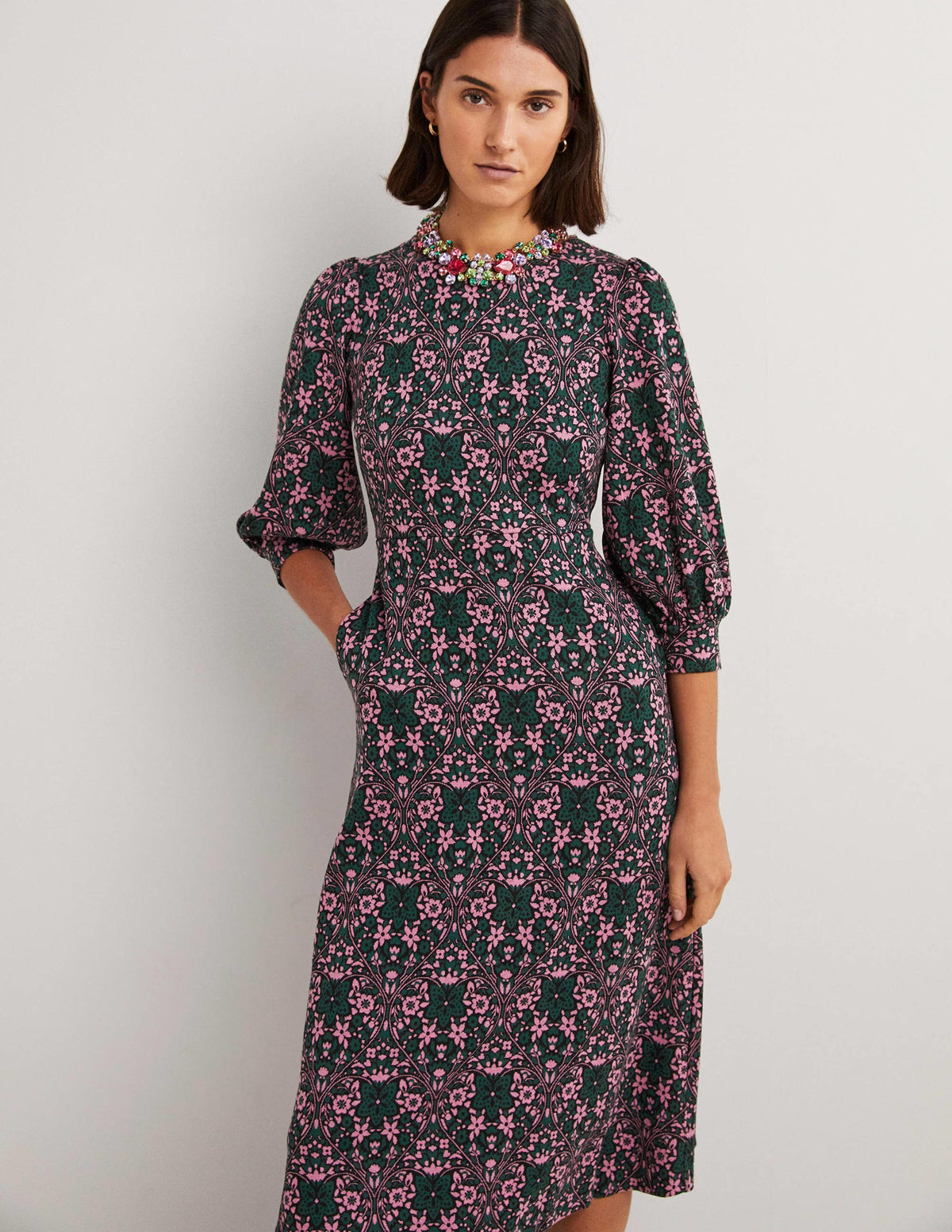 Jersey Jacquard Midi Dress-Trekking Green, Heart Bloom-1