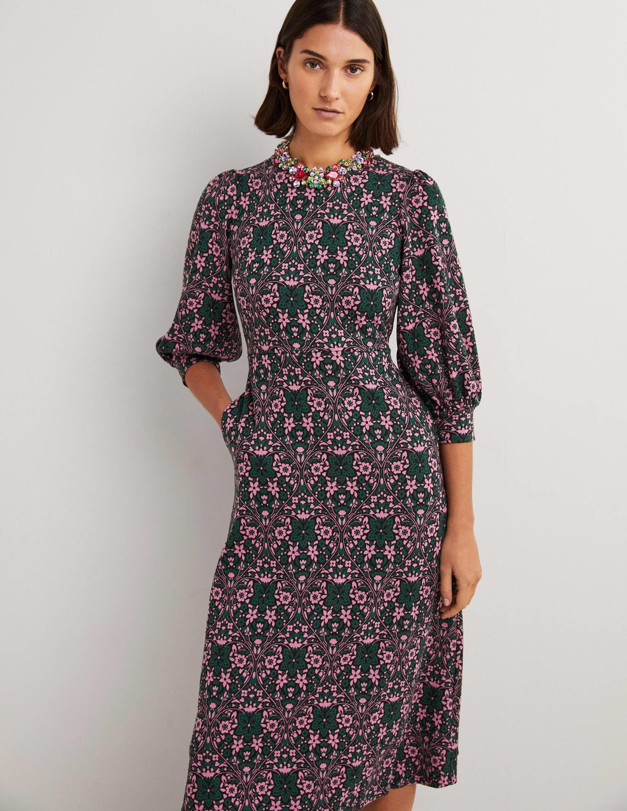 Jersey Jacquard Midi Dress-Trekking Green, Heart Bloom - Image 1