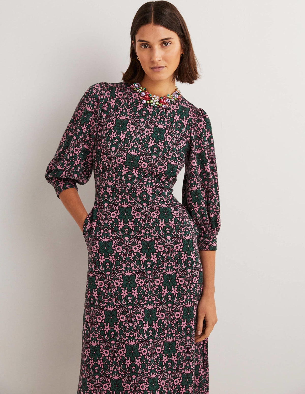 Jersey Jacquard Midi Dress-Trekking Green, Heart Bloom-4