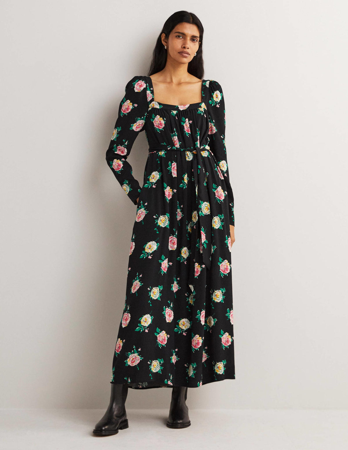 Square Neck Maxi Dress-Black, Painterly Rose-1