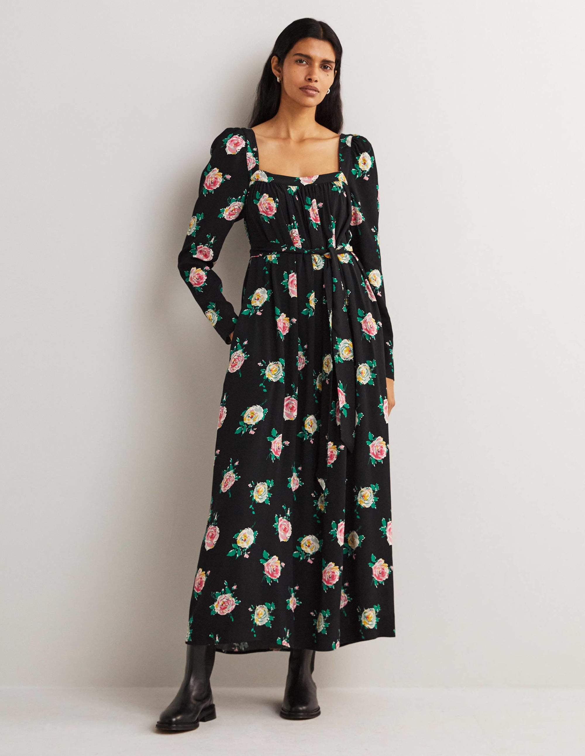 Square Neck Maxi Dress-Black, Painterly Rose - Image 1