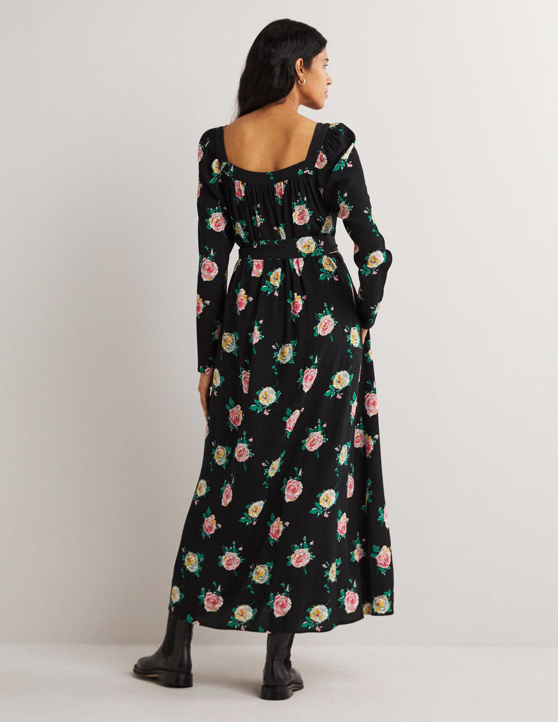 Square Neck Maxi Dress-Black, Painterly Rose-3