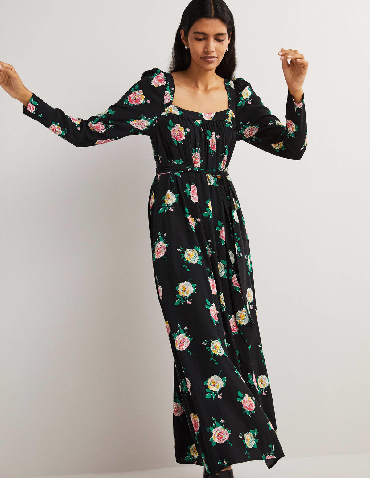 Square Neck Maxi Dress-Black, Painterly Rose-4