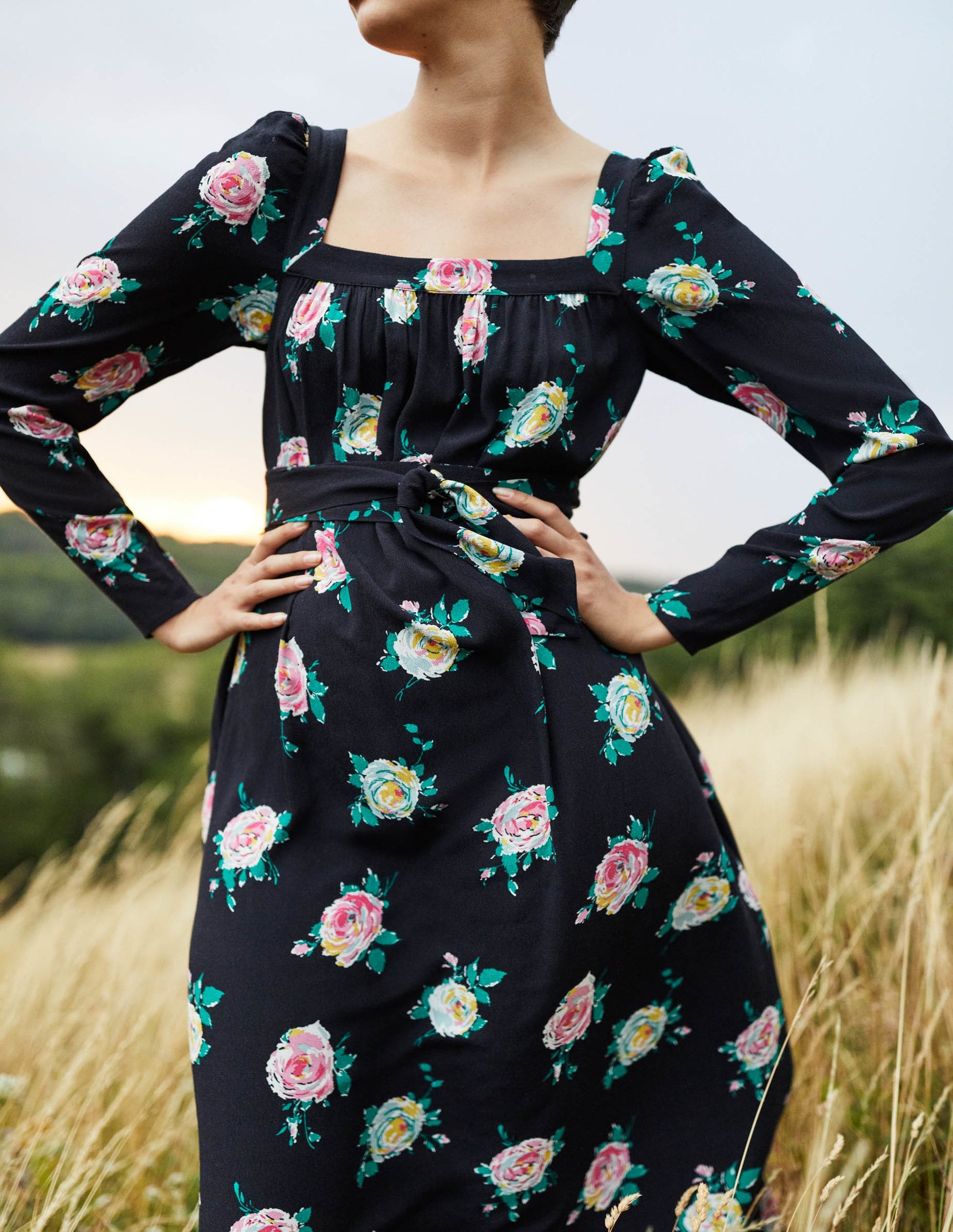 Square Neck Maxi Dress-Black, Painterly Rose-6