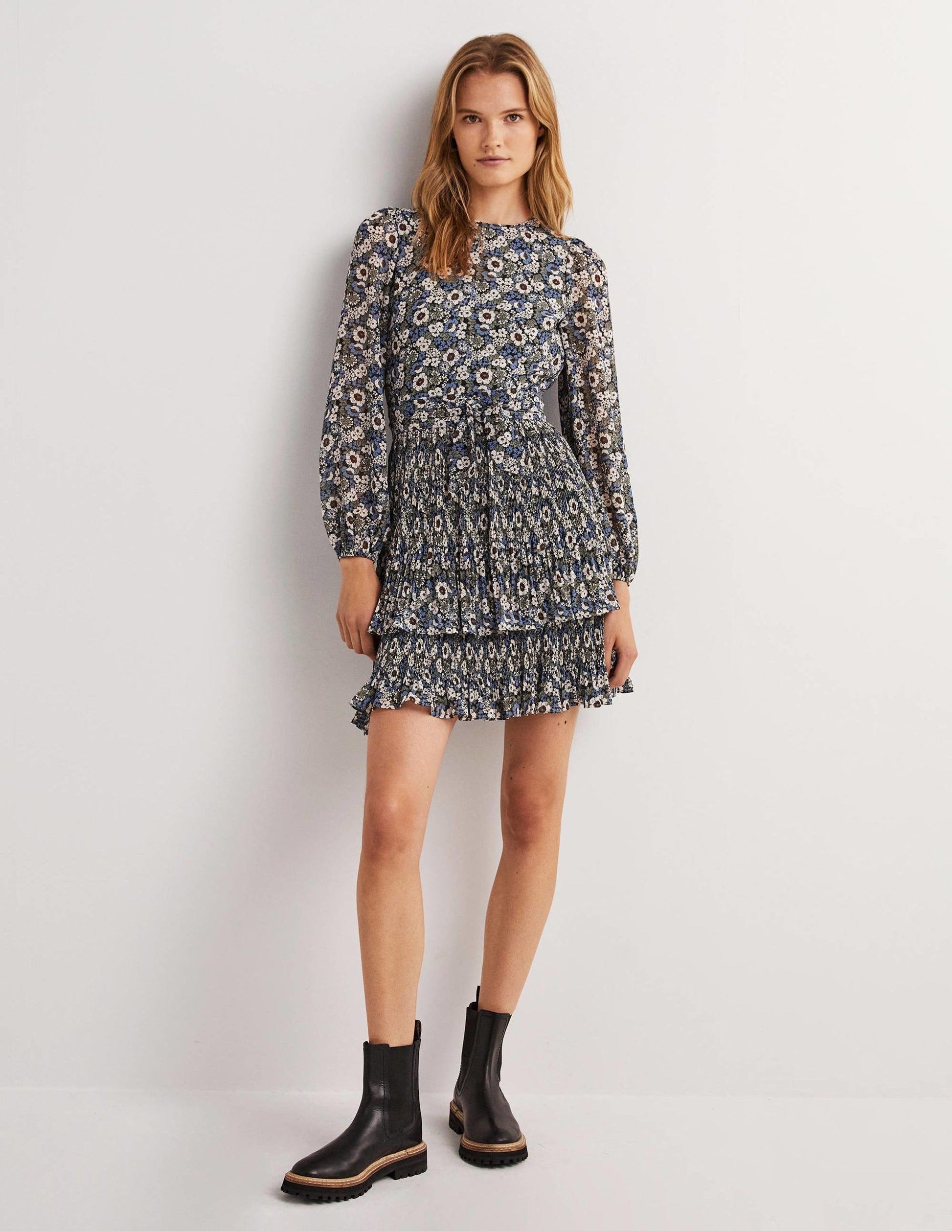The Plisse Mini Dress-Black, Floral Lawn-1