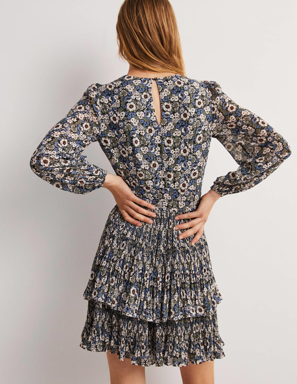 The Plisse Mini Dress-Black, Floral Lawn-3