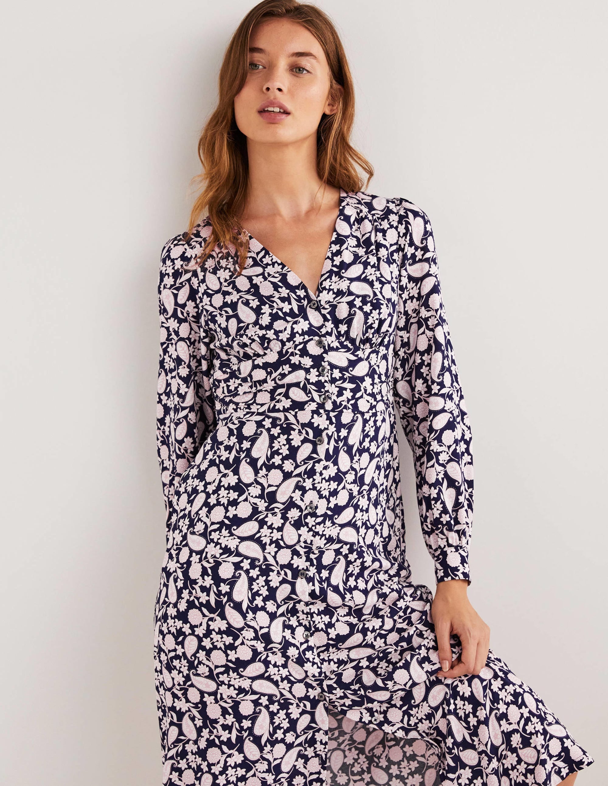 Button Through Midi Tea Dress-Navy, Flower Garden - Image 4