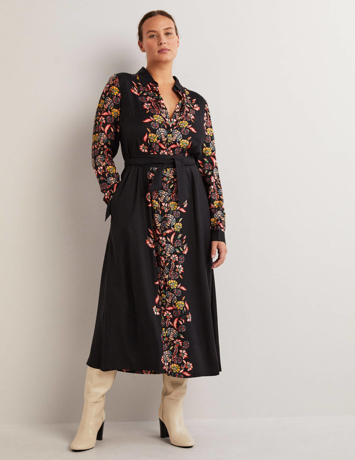 Long Sleeve Midi Shirt Dress-Black, Blossom Pomme - Image 1