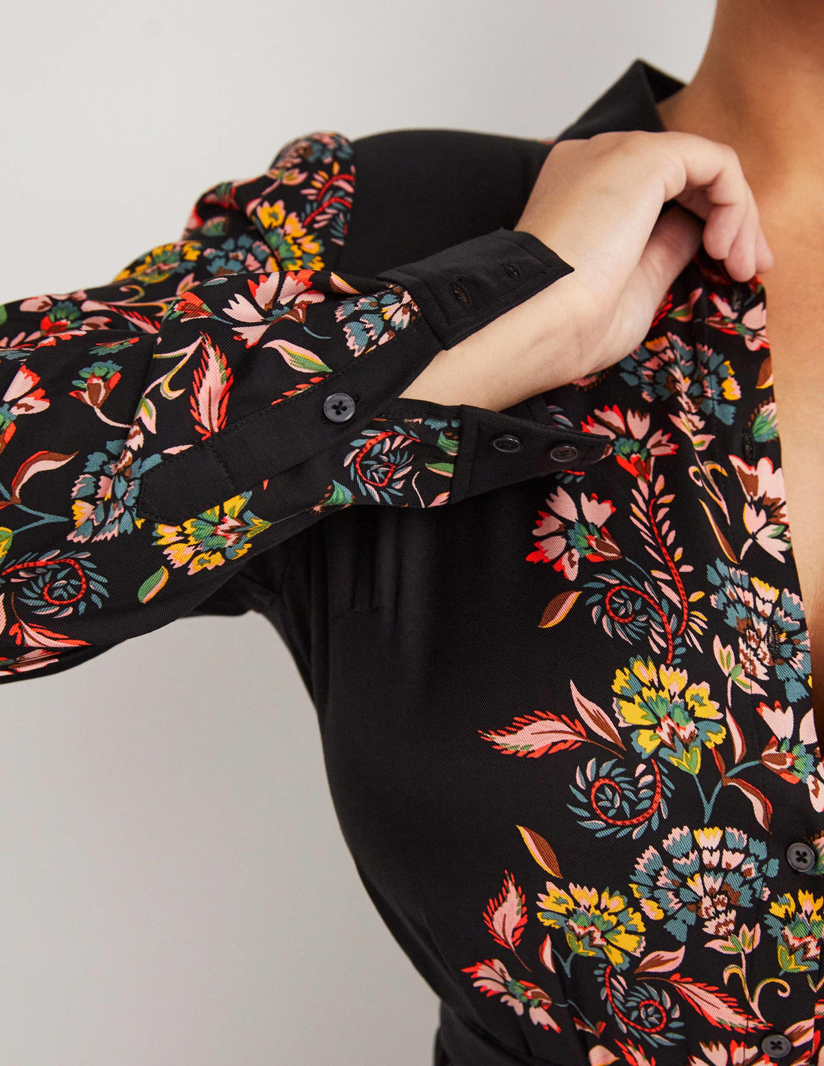 Long Sleeve Midi Shirt Dress-Black, Blossom Pomme-2