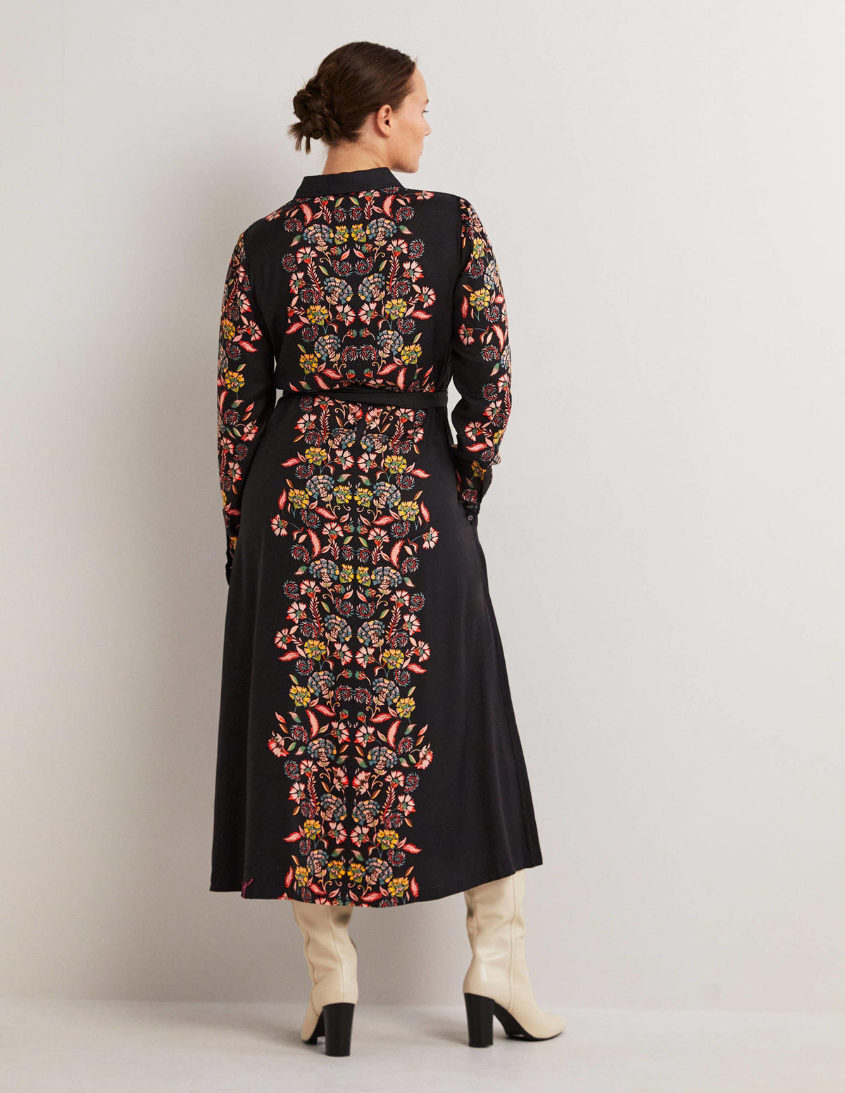 Long Sleeve Midi Shirt Dress-Black, Blossom Pomme-3