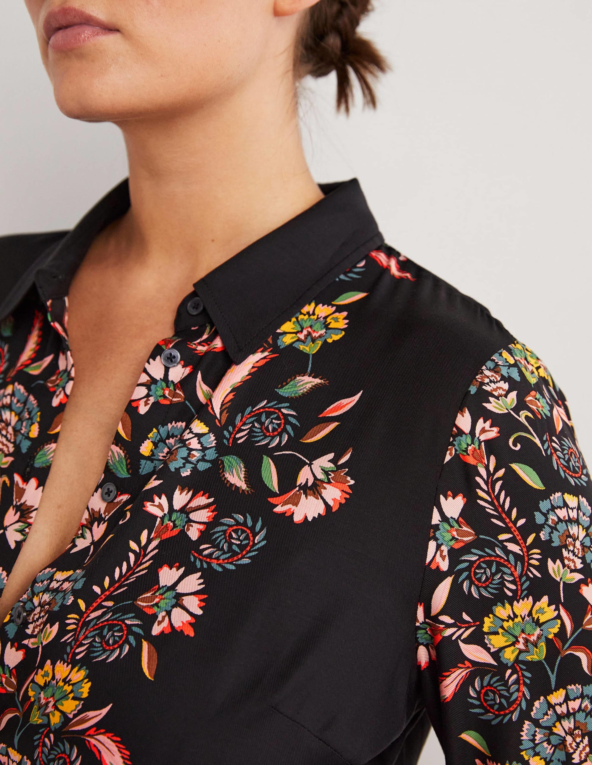 Long Sleeve Midi Shirt Dress-Black, Blossom Pomme - Image 5