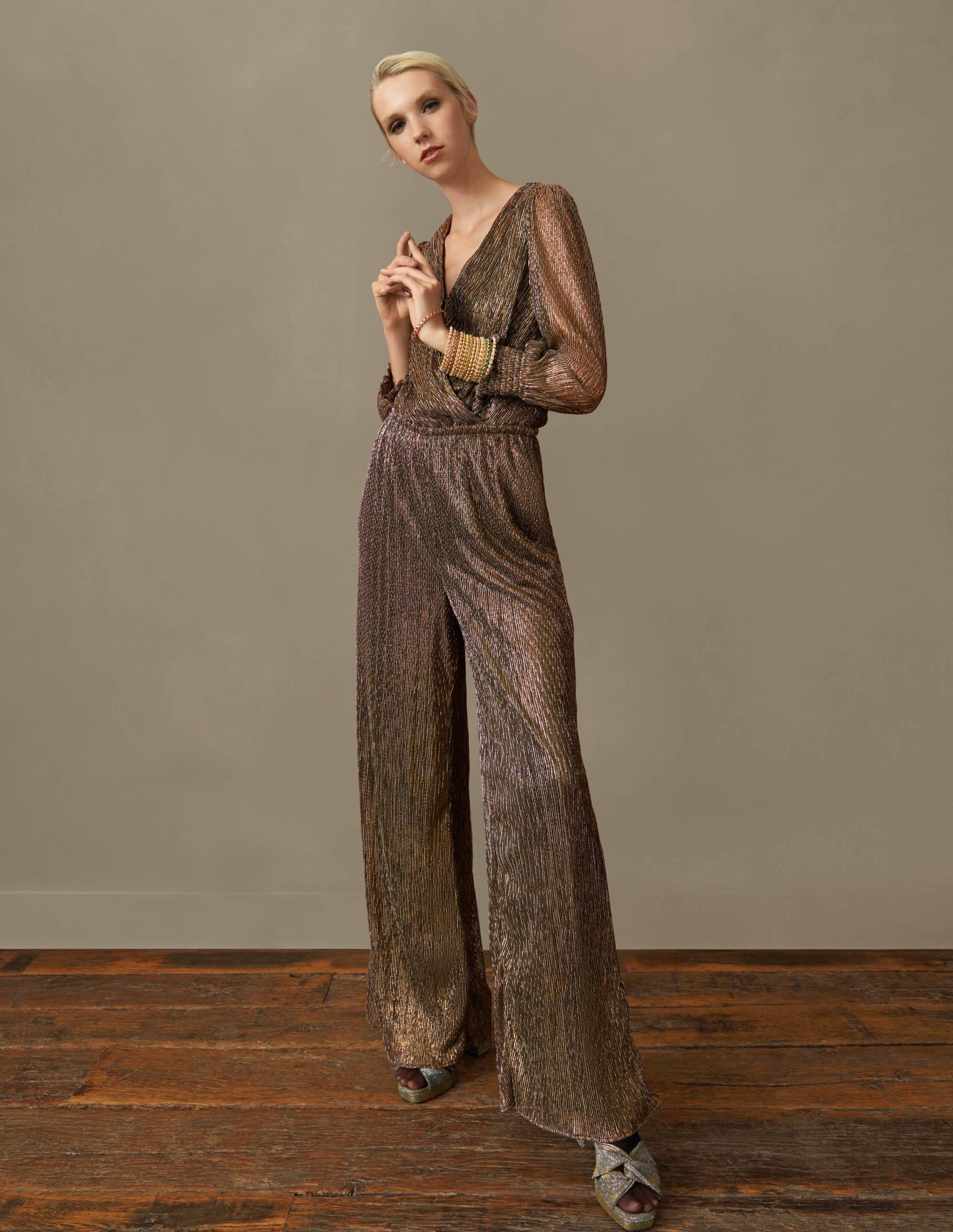 Plisse Palazzo Jumpsuit-Gold, Black Lurex-7