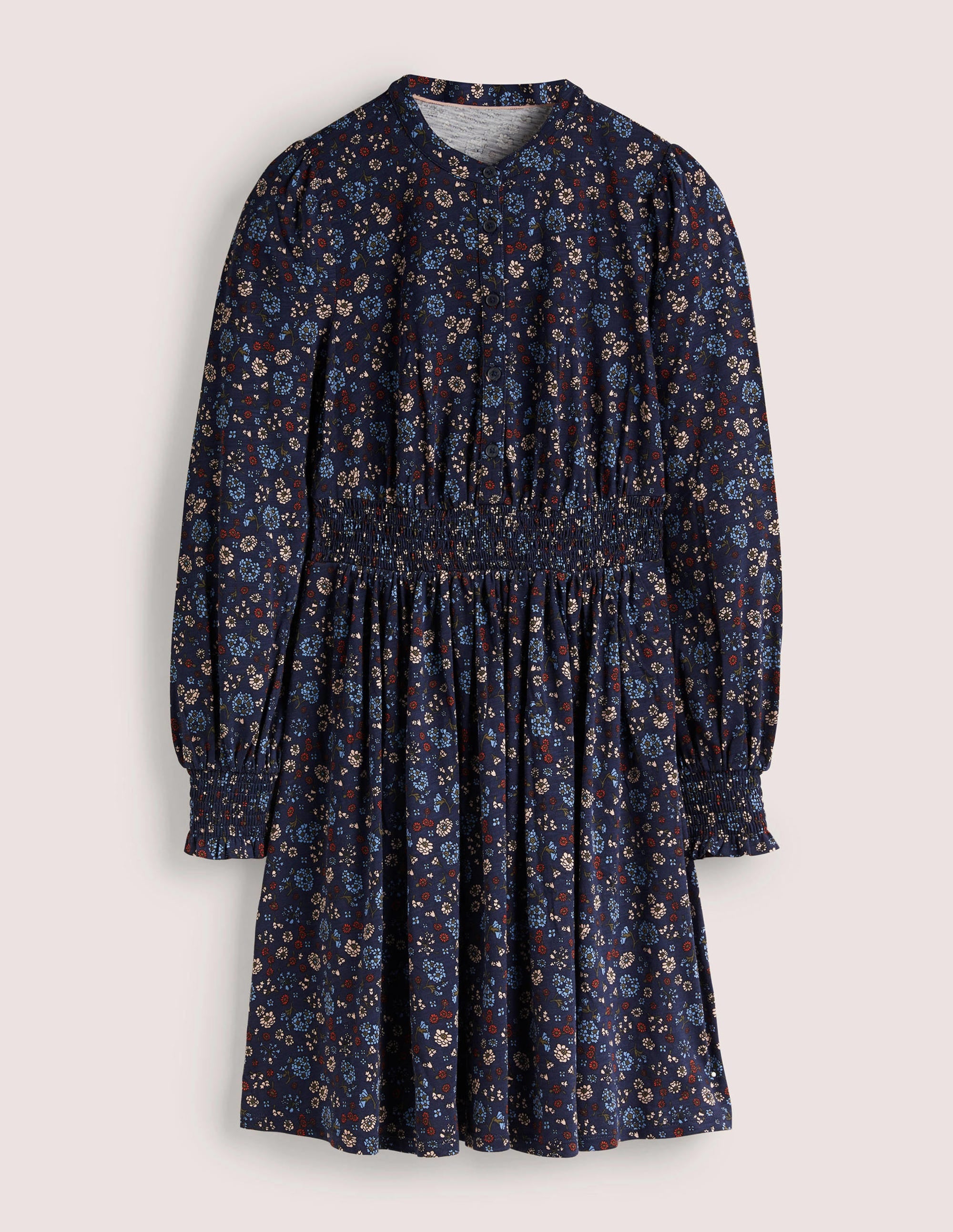 Smocked Jersey Shirt Dress-Navy, Ditsy Charm - Image 6