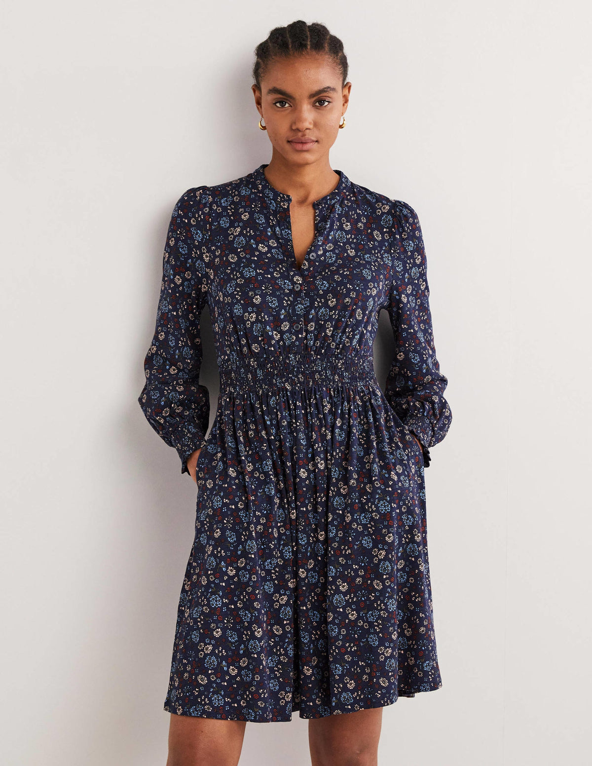 Smocked Jersey Shirt Dress-Navy, Ditsy Charm-1