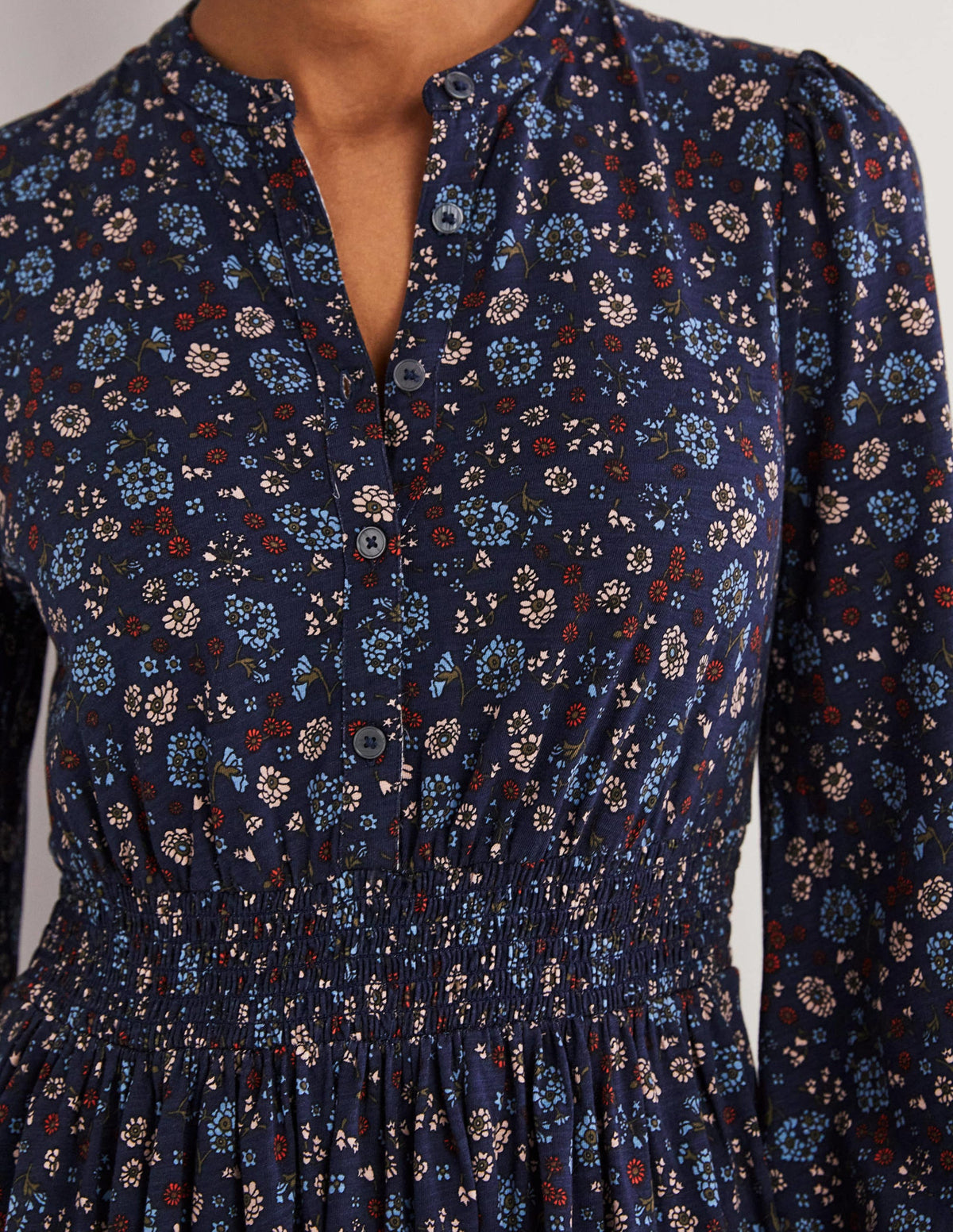 Smocked Jersey Shirt Dress-Navy, Ditsy Charm - Image 2