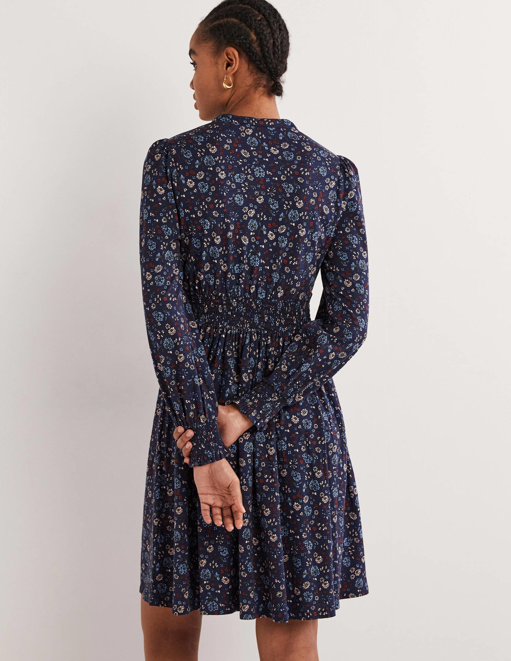 Smocked Jersey Shirt Dress-Navy, Ditsy Charm - Image 3