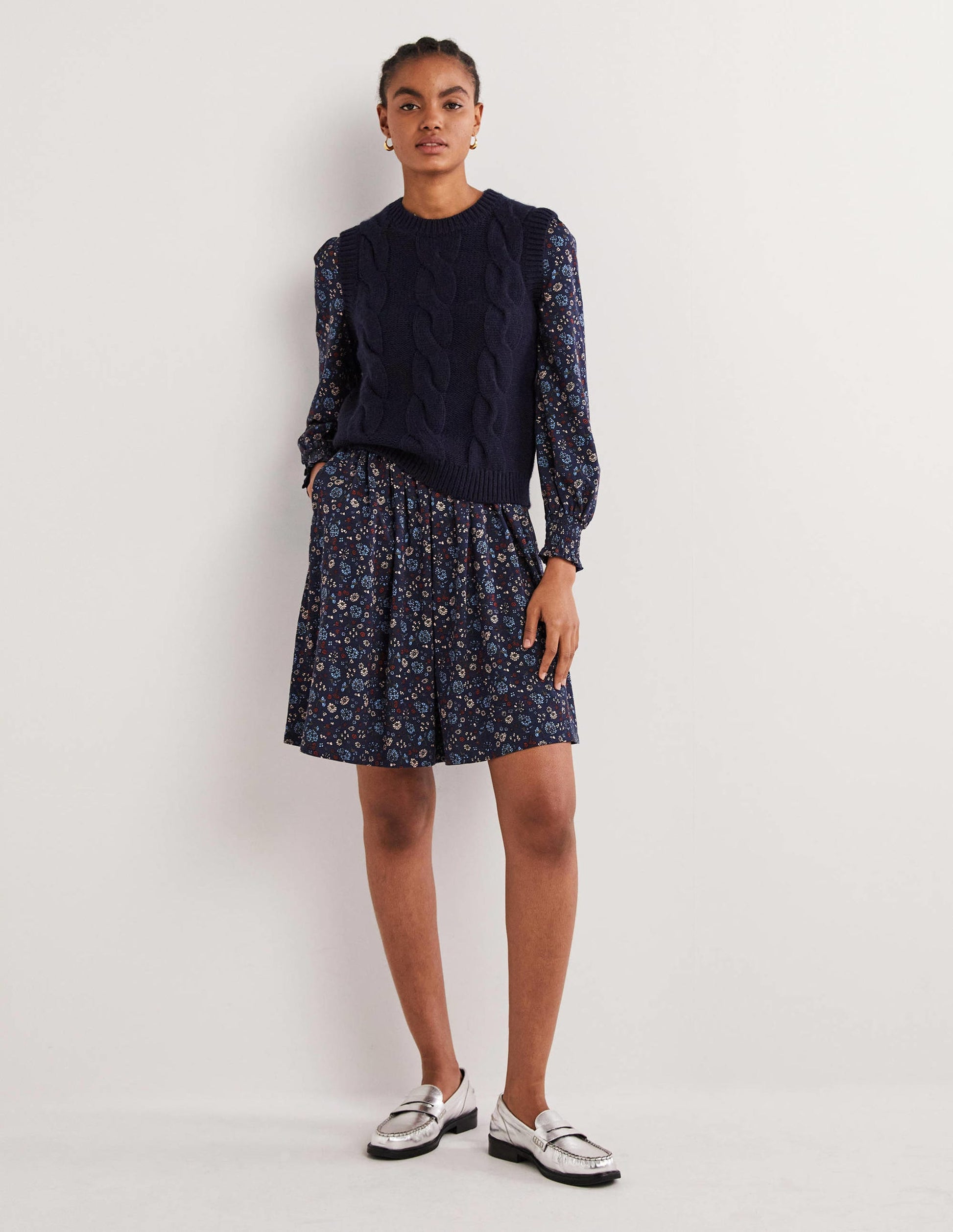 Smocked Jersey Shirt Dress-Navy, Ditsy Charm-4