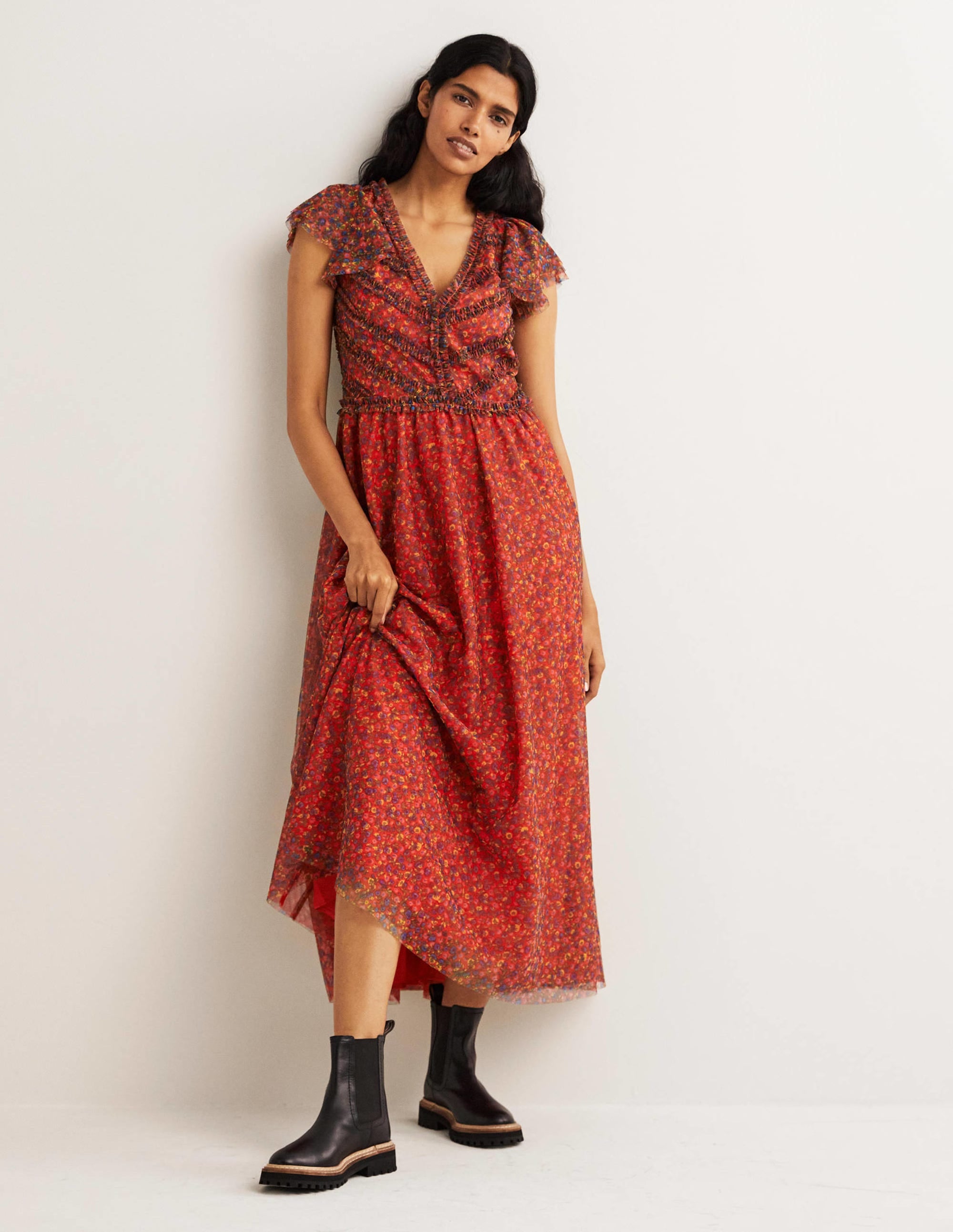 Tulle V-Neck Maxi Party Dress-Rocket Red, Floral Terrace - Image 1