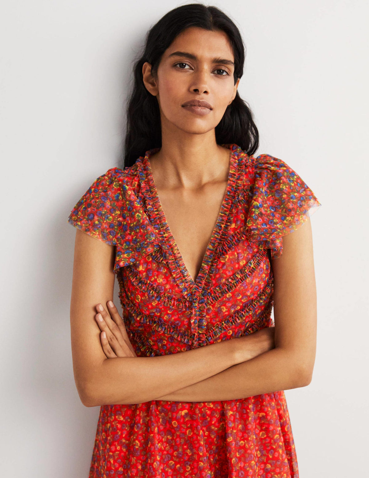 Tulle V-Neck Maxi Party Dress-Rocket Red, Floral Terrace - Image 4