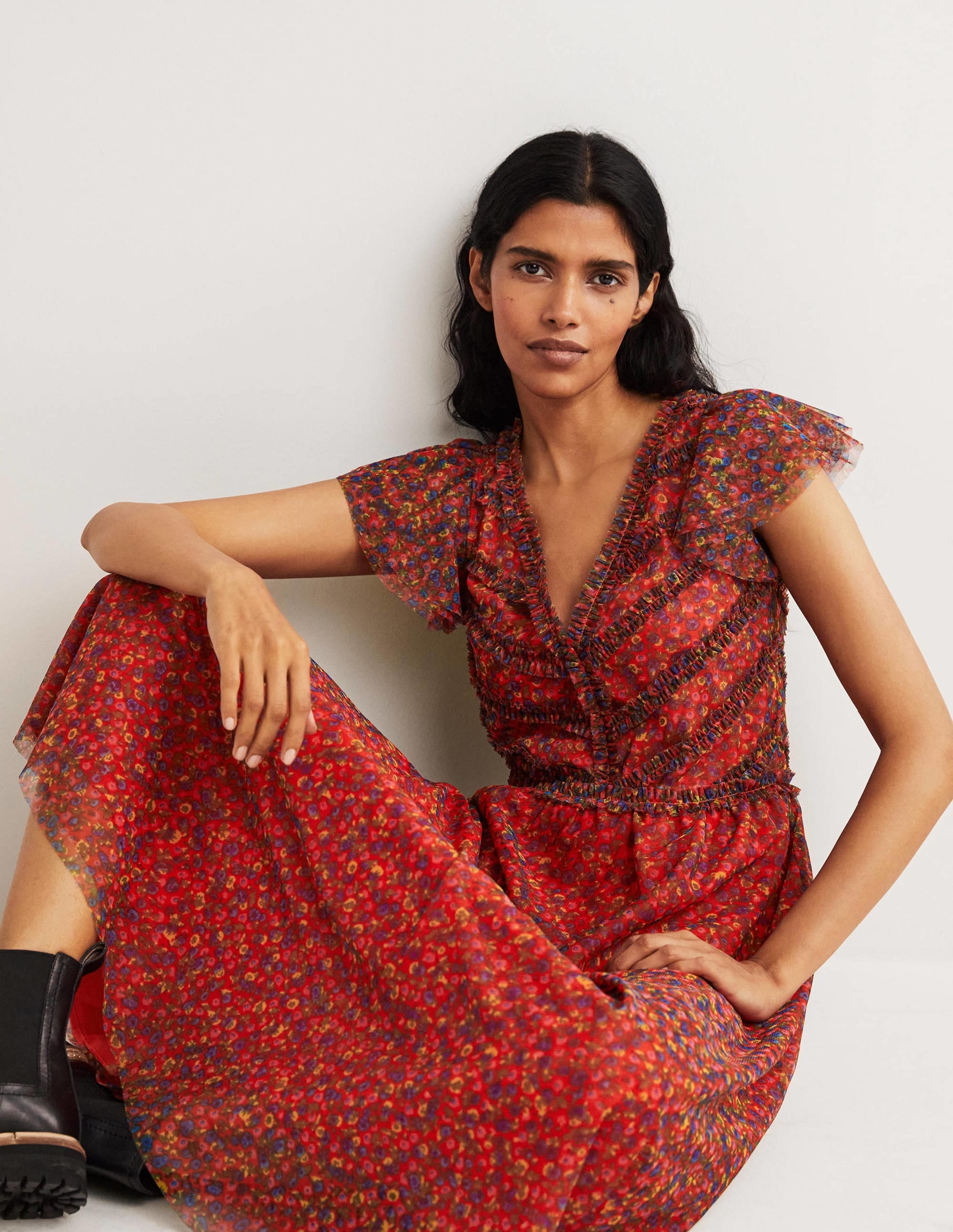 Tulle V-Neck Maxi Party Dress-Rocket Red, Floral Terrace - Image 5