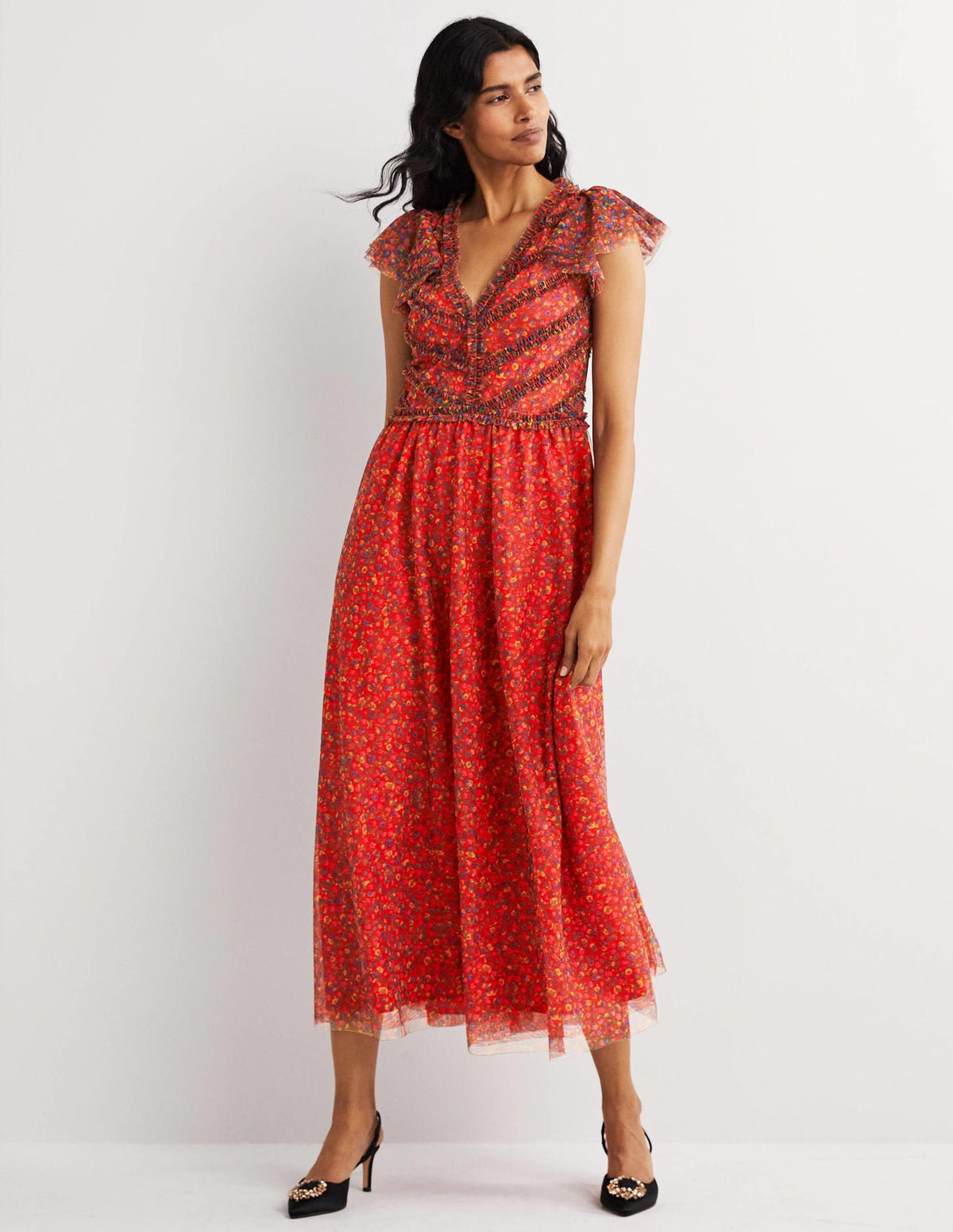 Tulle V-Neck Maxi Party Dress-Rocket Red, Floral Terrace - Image 6