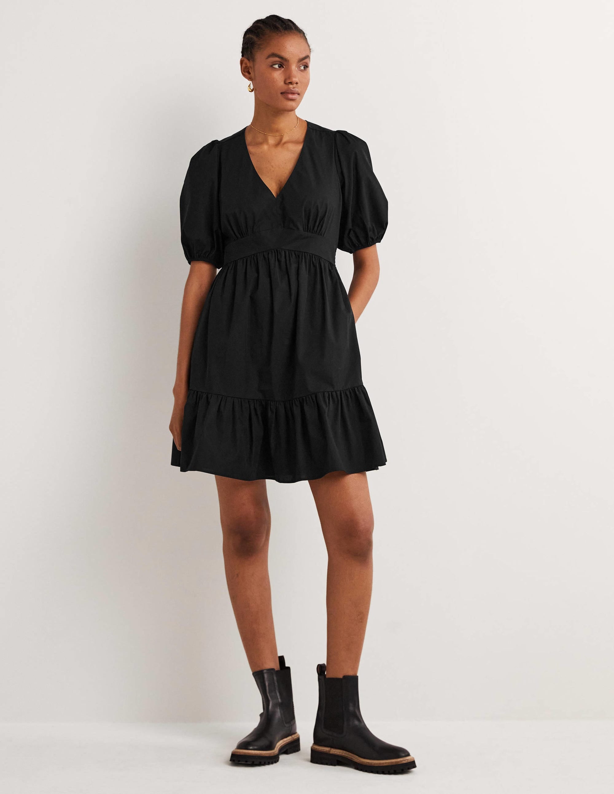 Puff Sleeve Tiered Dress-Black - Image 1