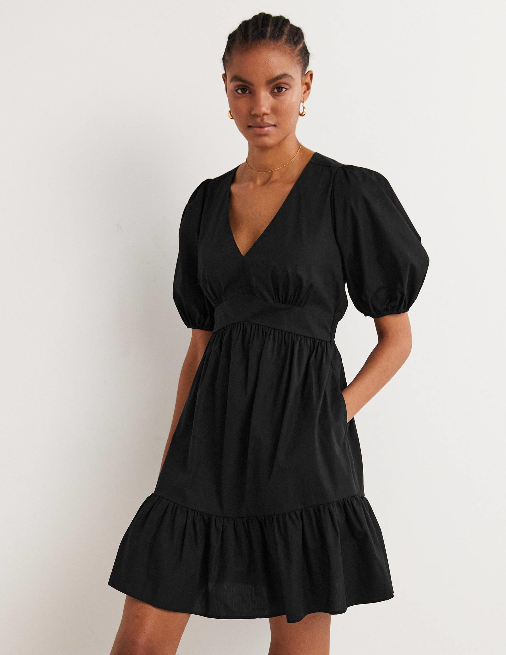 Puff Sleeve Tiered Dress-Black-5