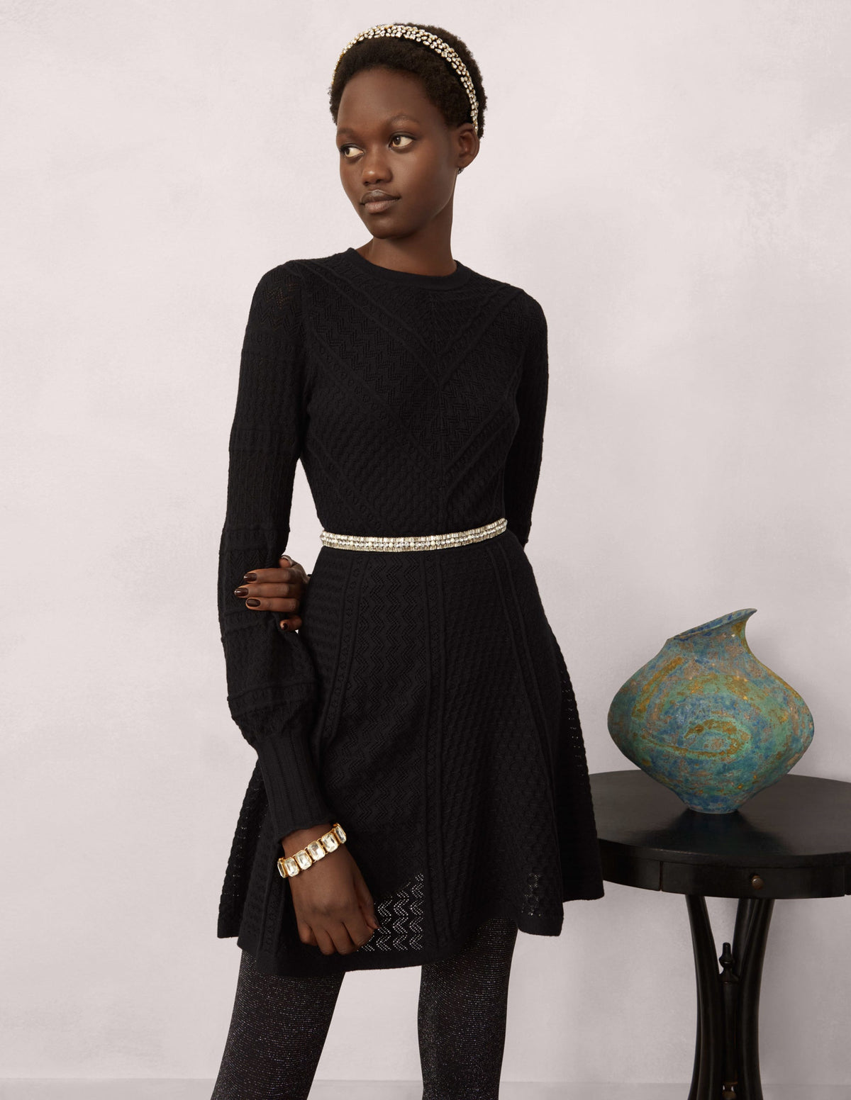 Pointelle Knitted Mini Dress-Black - Image 6