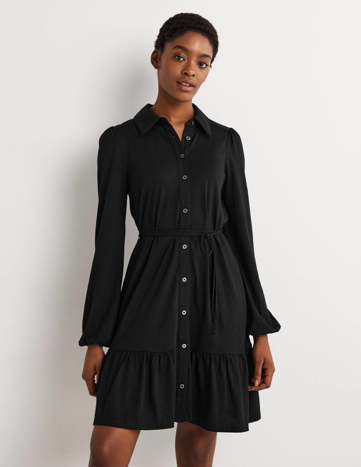 Tiered Jersey Shirt Mini Dress-Black-1