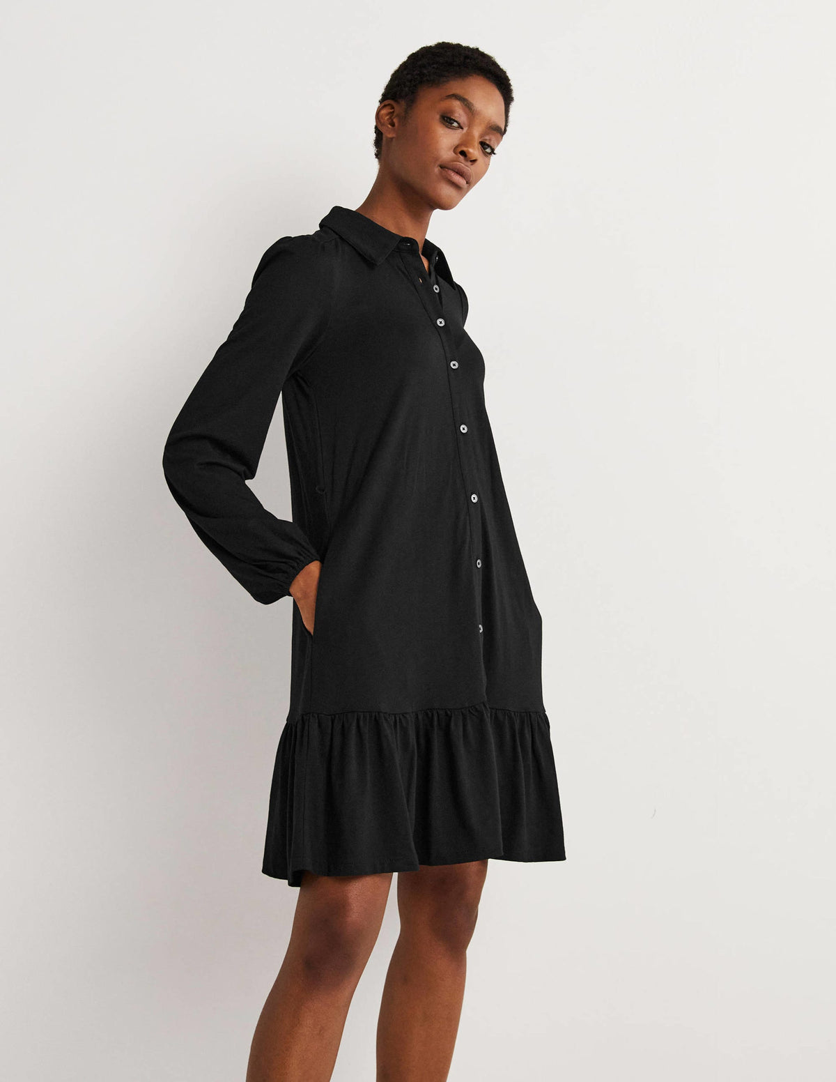Tiered Jersey Shirt Mini Dress-Black-4