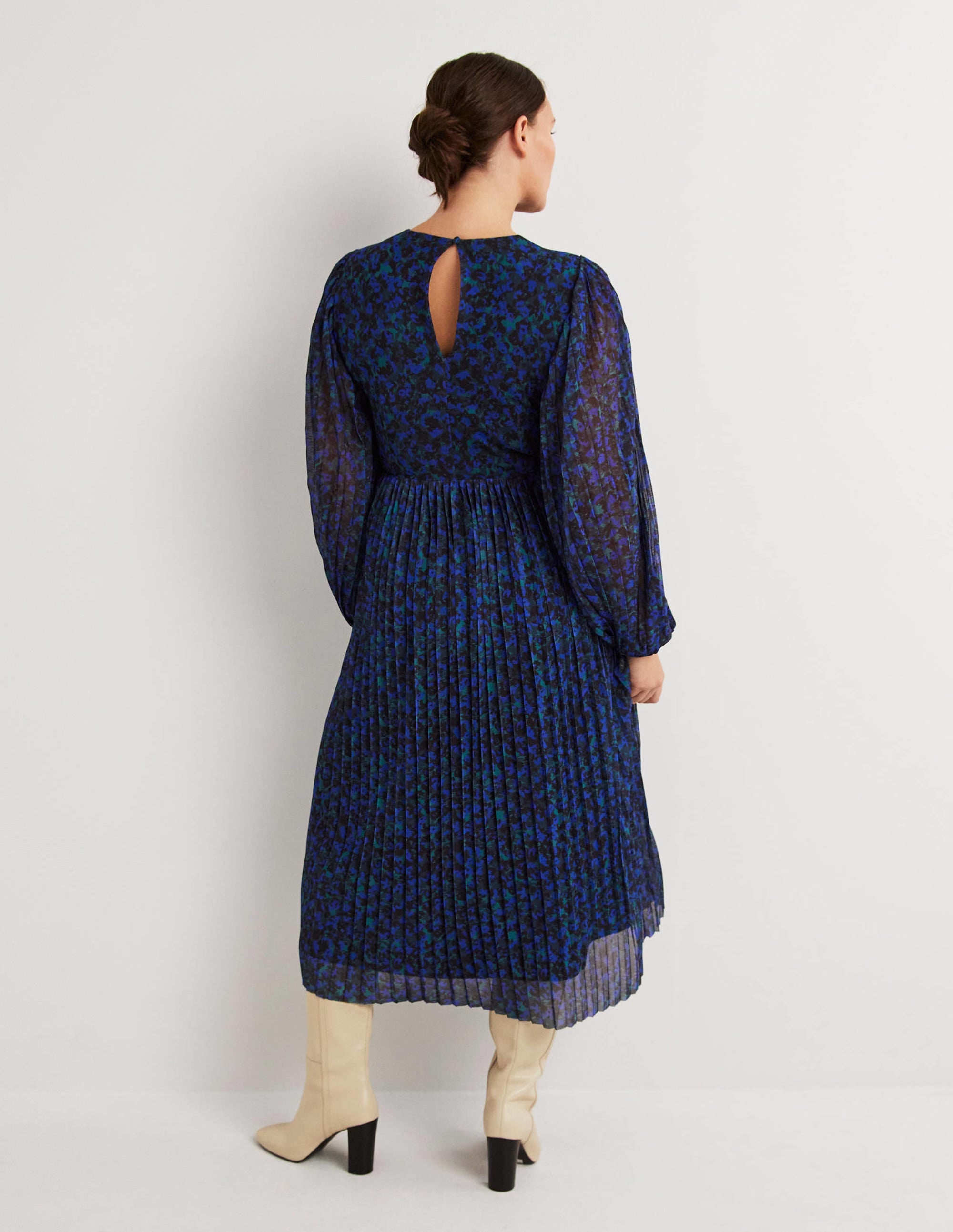 Pleated Midi Dress-Persian Blue, Painterly Stroke - Image 3