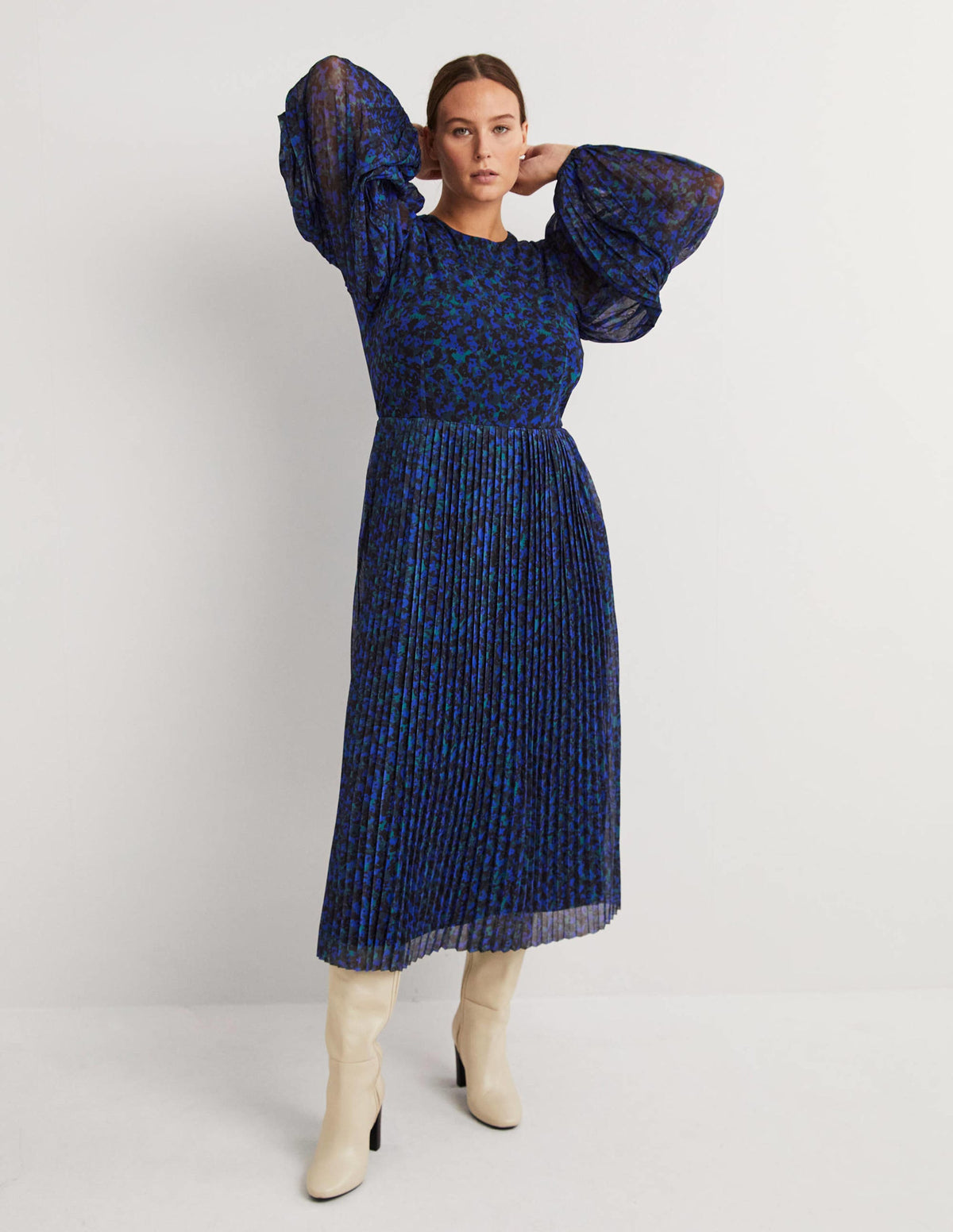 Pleated Midi Dress-Persian Blue, Painterly Stroke - Image 5