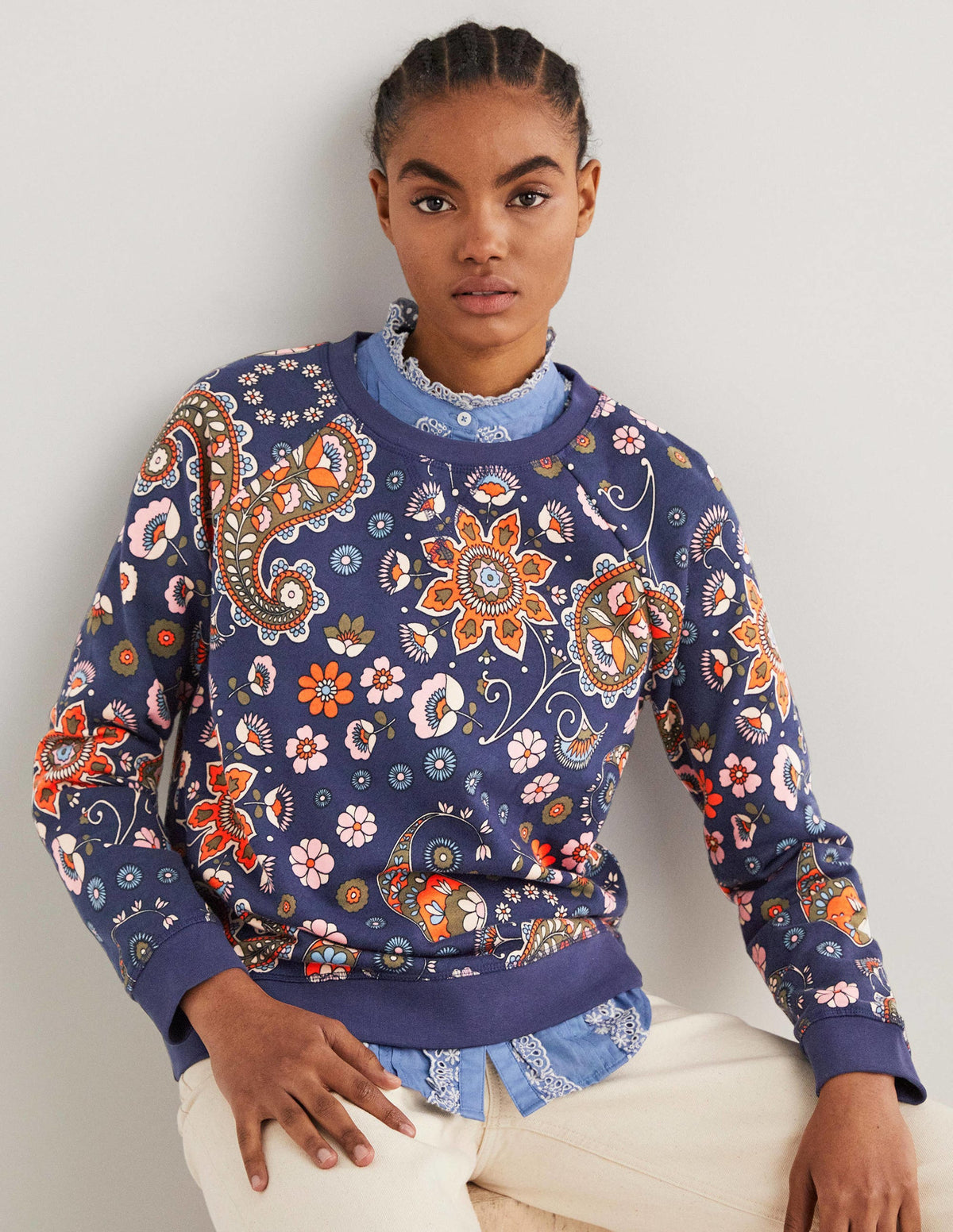 Printed Cotton Sweatshirt-French Navy, Passion Flower - Image 4