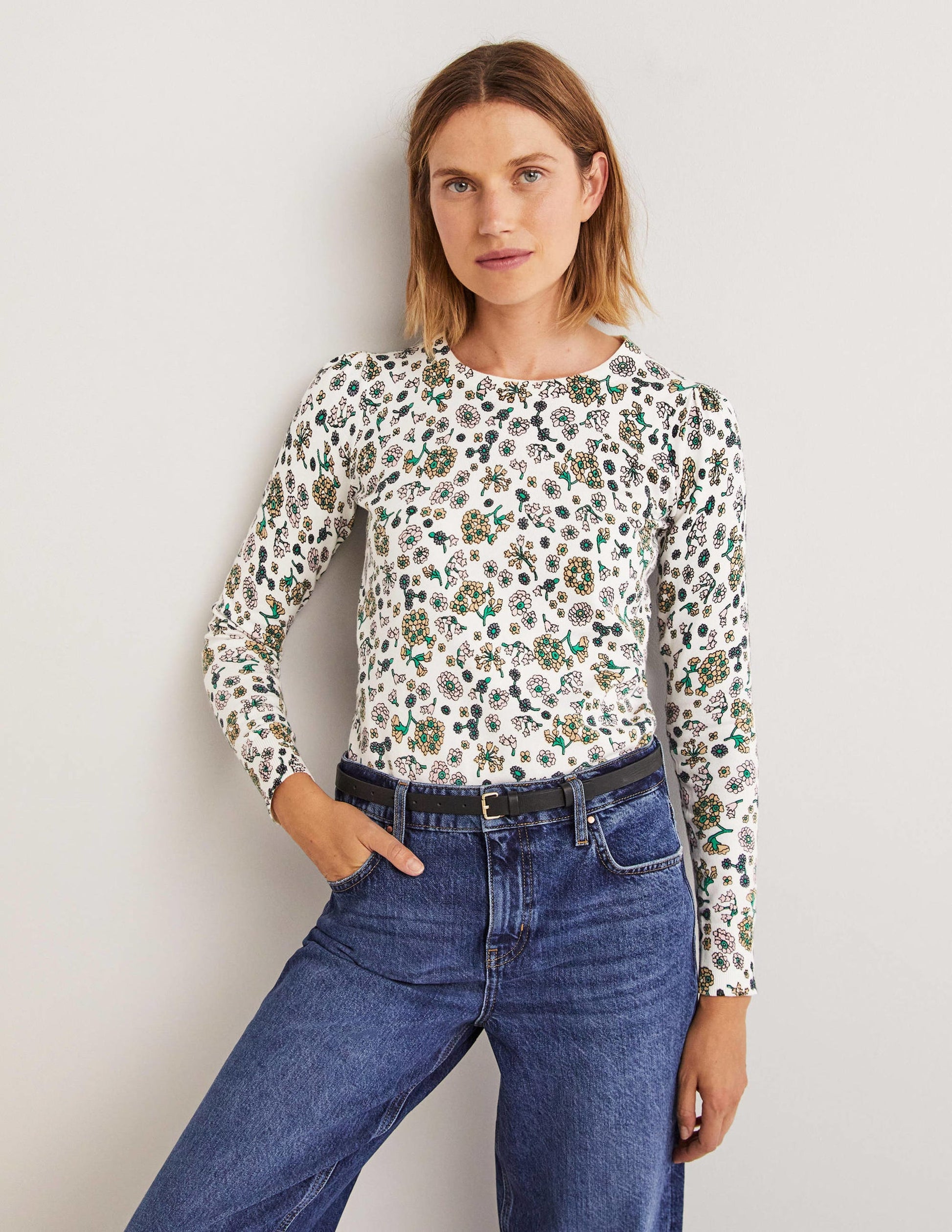 Cotton Crew Neck Sweater-Ivory, Ditsy Charm-1