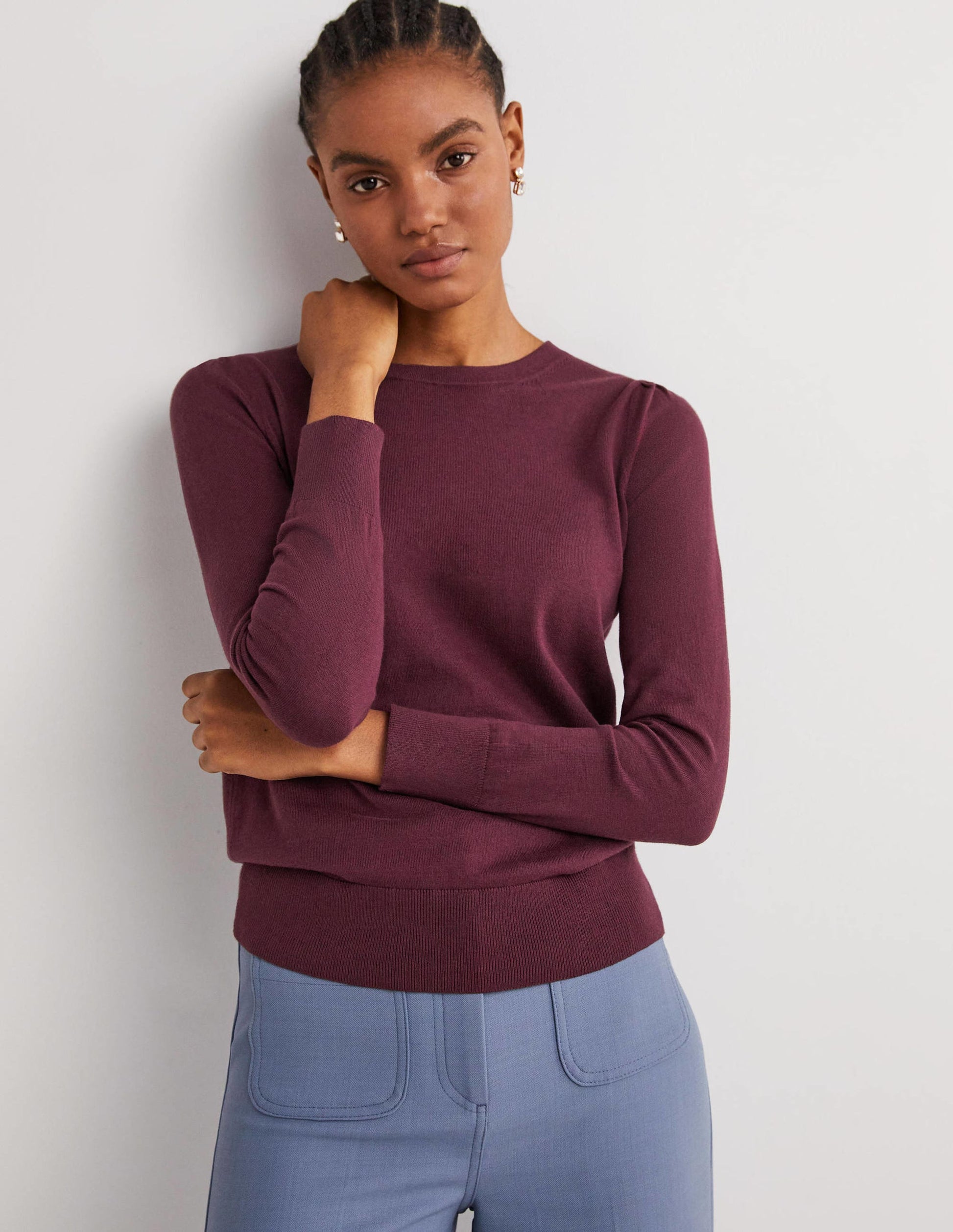 Cotton Crew Neck Sweater-Berry-1