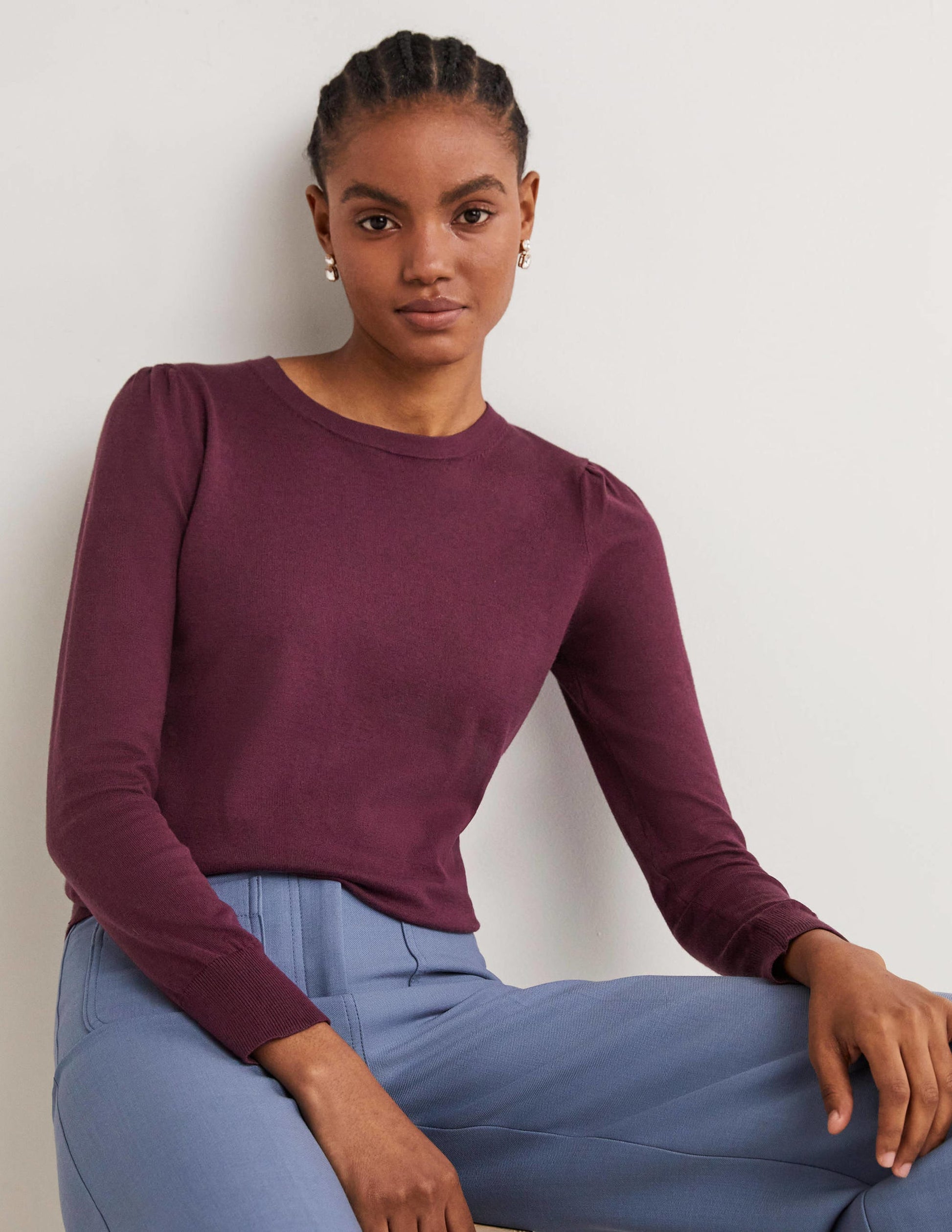 Cotton Crew Neck Sweater-Berry-4