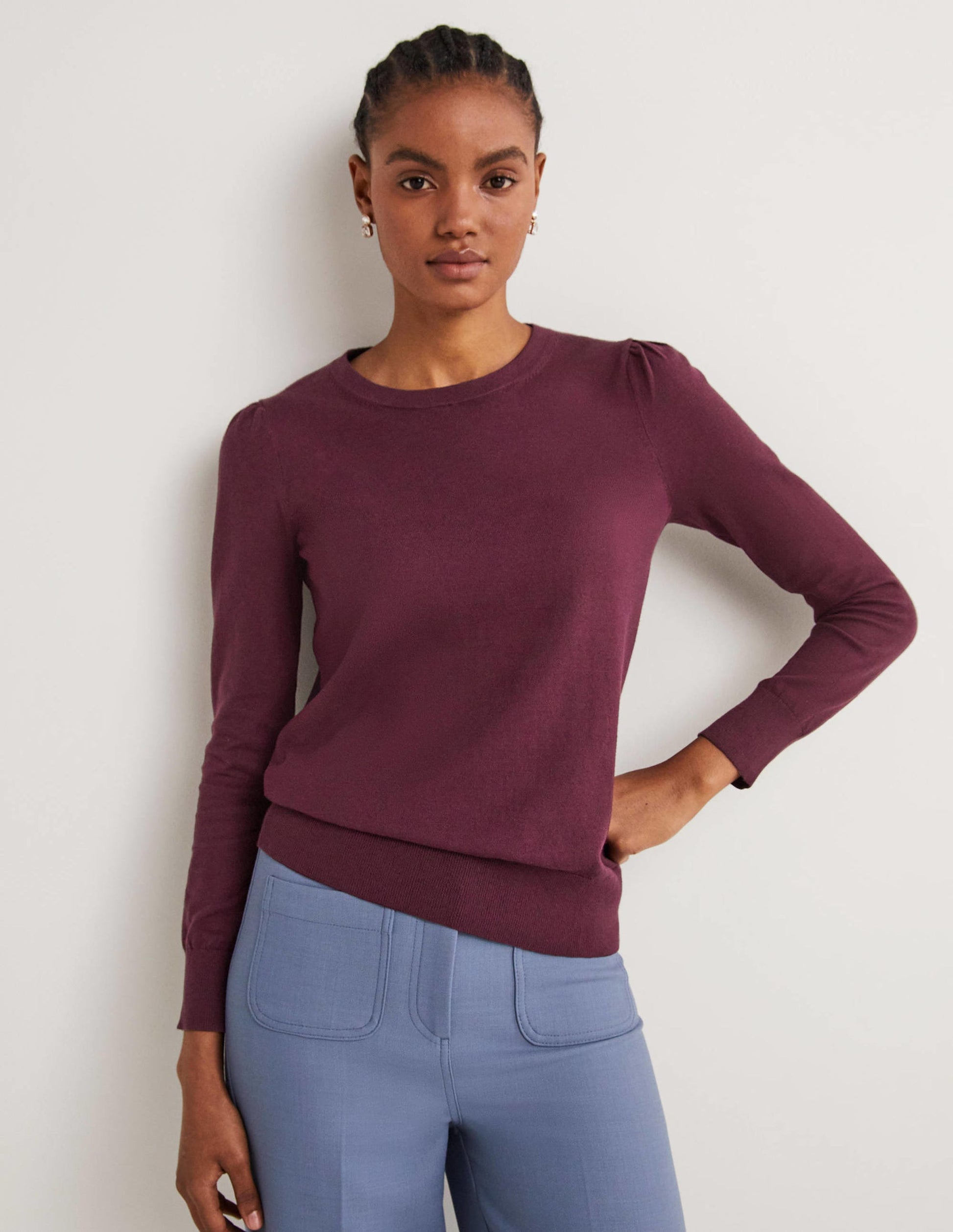 Cotton Crew Neck Sweater-Berry-5