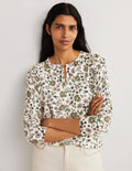 Cotton Crew Neck Cardigan-Ivory, Ditsy Charm