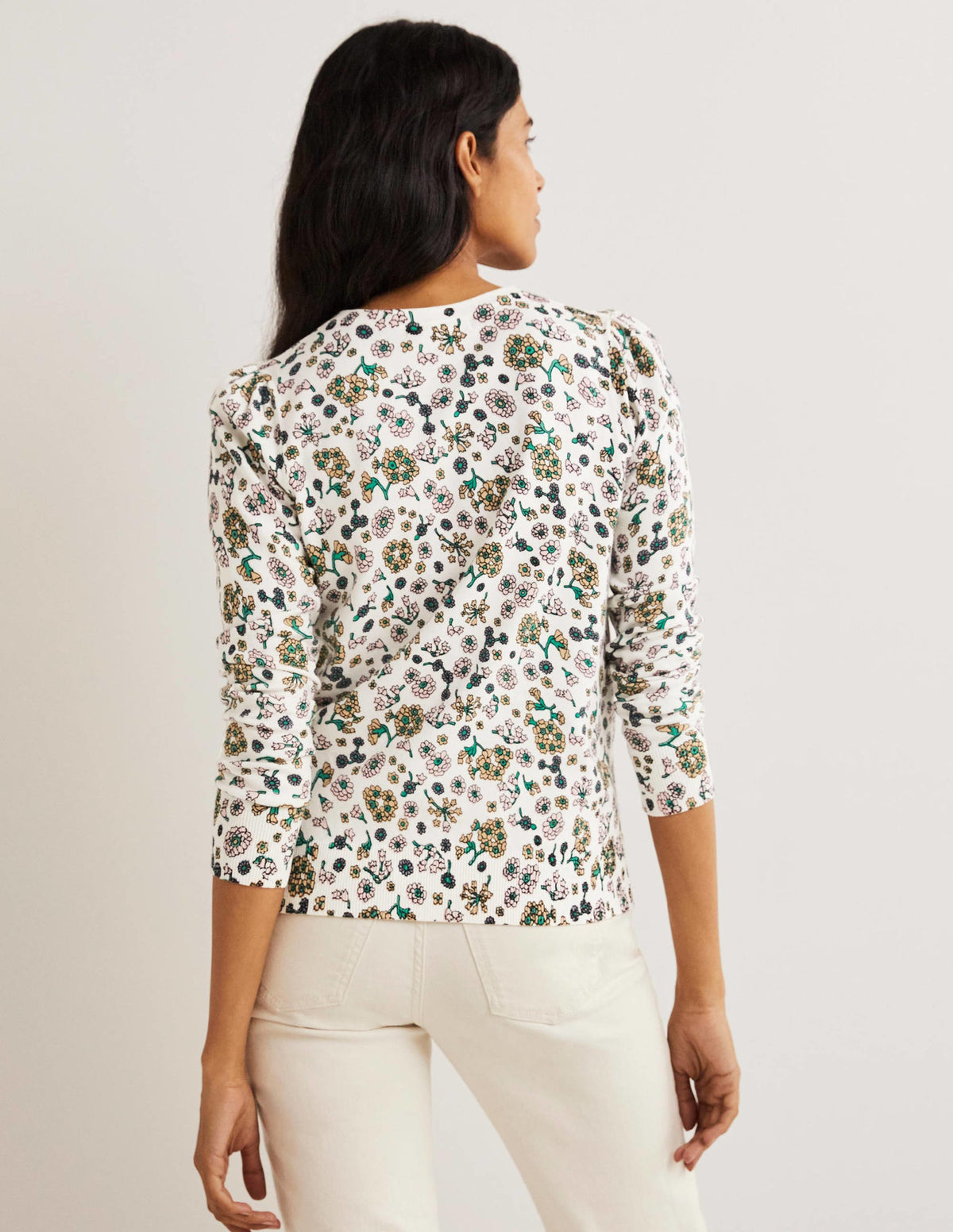 Cotton Crew Neck Cardigan-Ivory, Ditsy Charm - Image 3