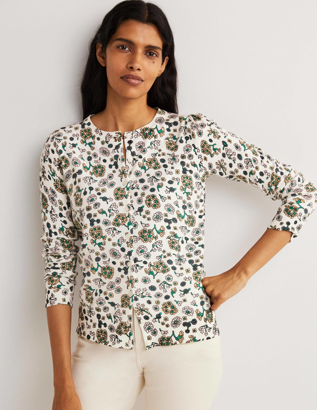 Cotton Crew Neck Cardigan-Ivory, Ditsy Charm - Image 5