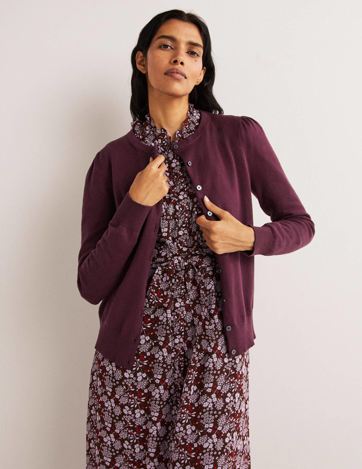 Cotton Crew Neck Cardigan-Berry - Image 1