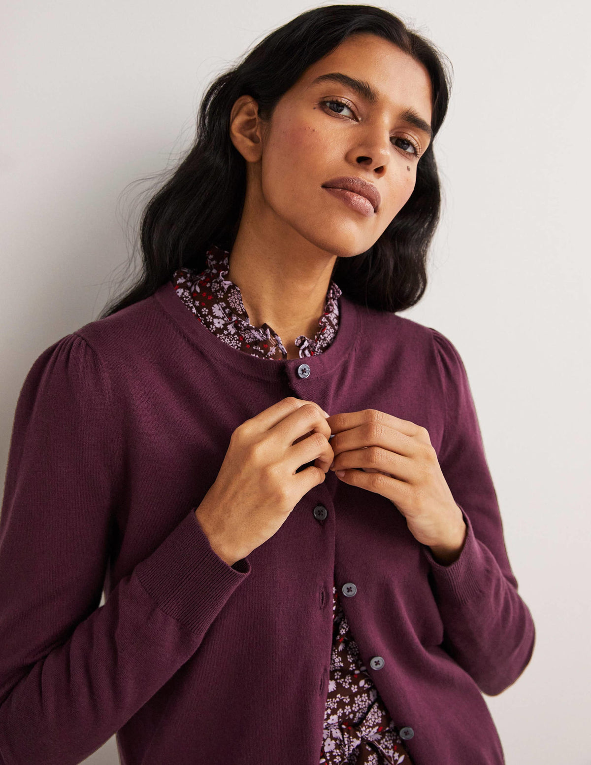 Cotton Crew Neck Cardigan-Berry - Image 2