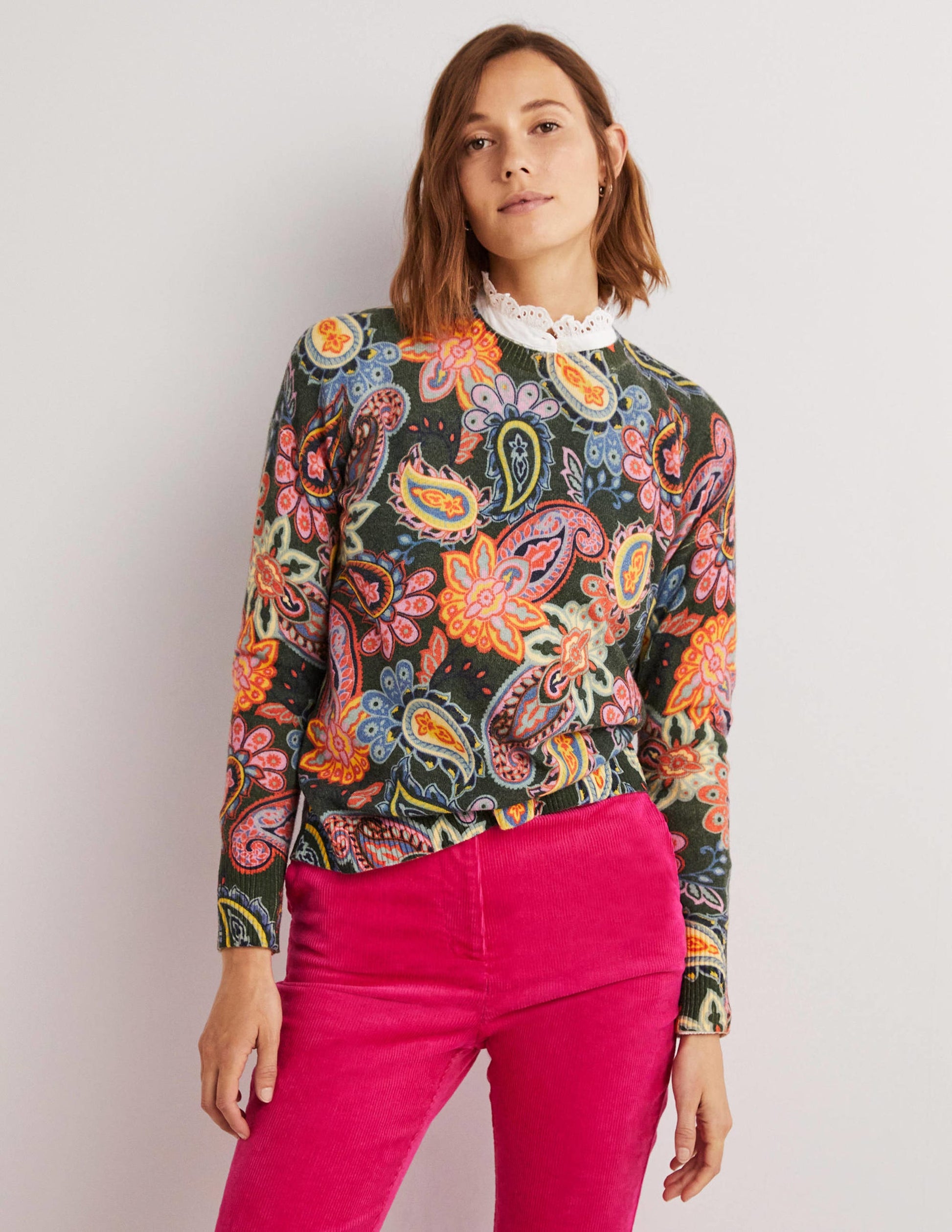 Margot Cashmere Sweater-Trekking Green, Paisley Charm-1