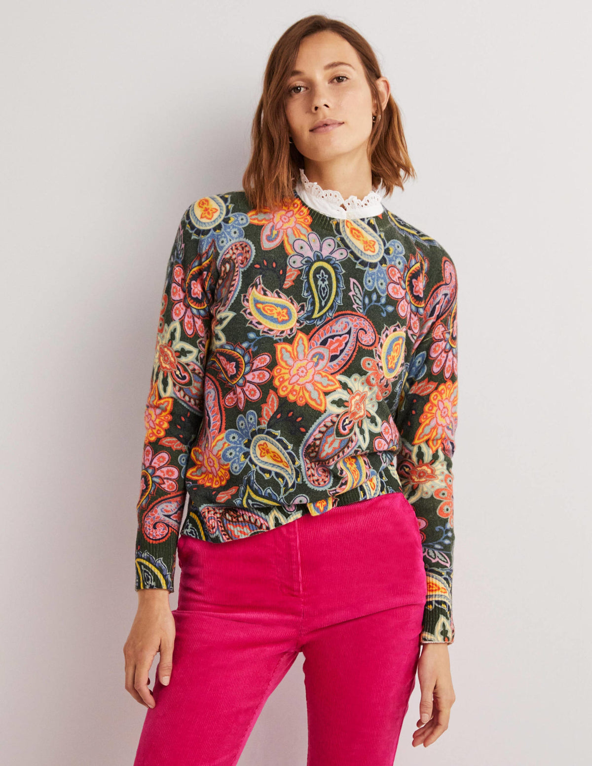 Margot Cashmere Sweater-Trekking Green, Paisley Charm - Image 1