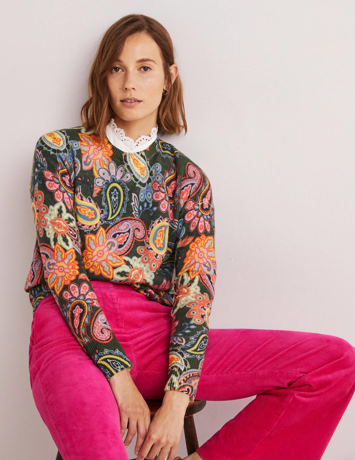 Margot Cashmere Sweater-Trekking Green, Paisley Charm - Image 5