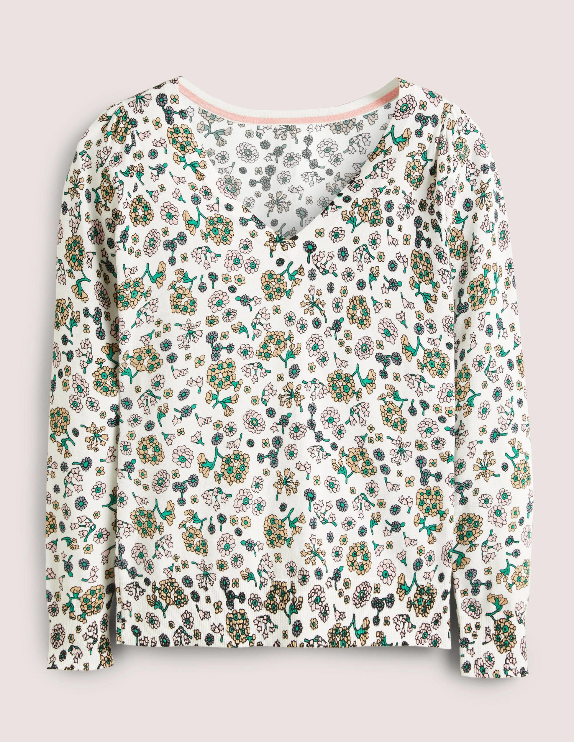 Cotton V-Neck Sweater-Ivory, Ditsy Charm-6