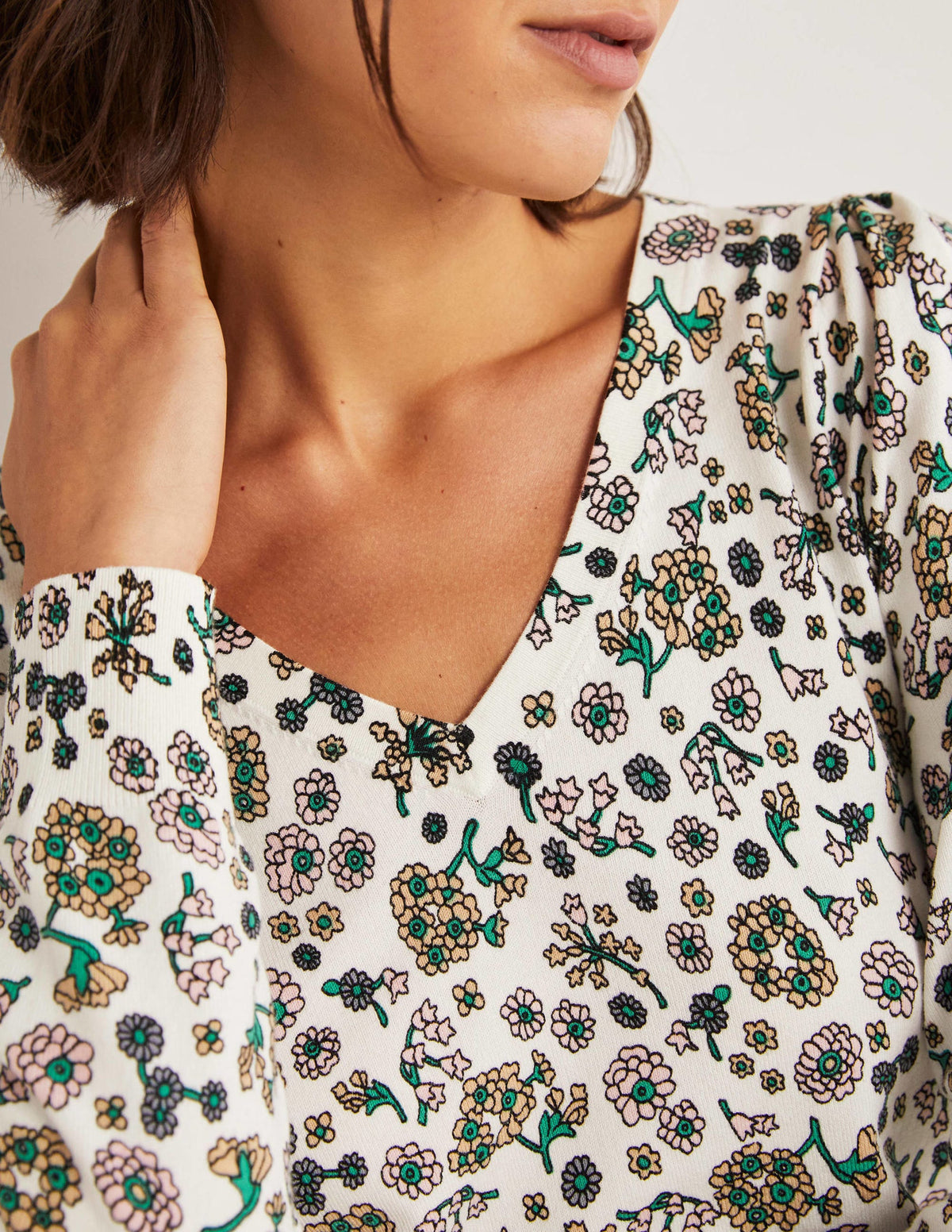 Cotton V-Neck Sweater-Ivory, Ditsy Charm - Image 2