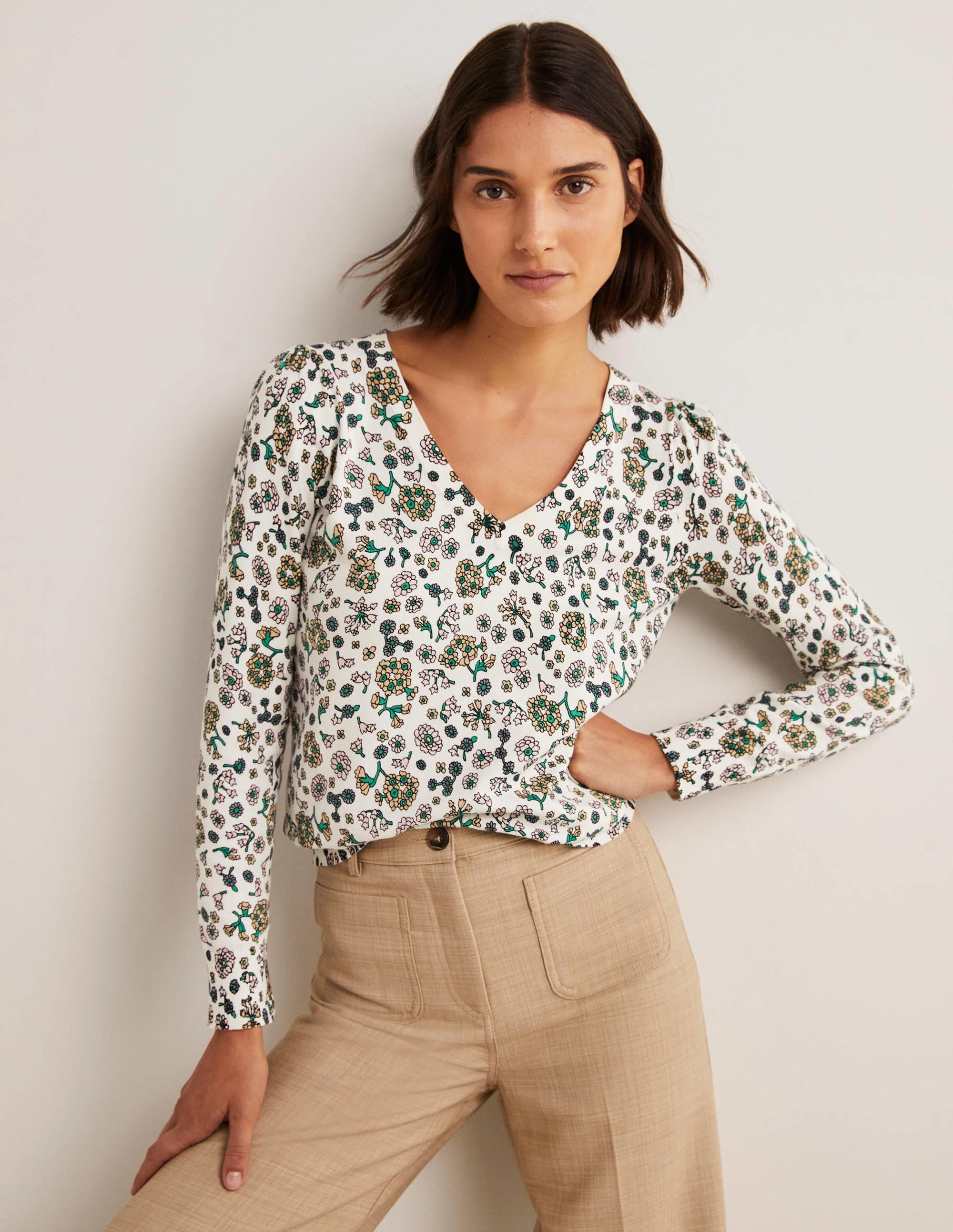 Cotton V-Neck Sweater-Ivory, Ditsy Charm - Image 4
