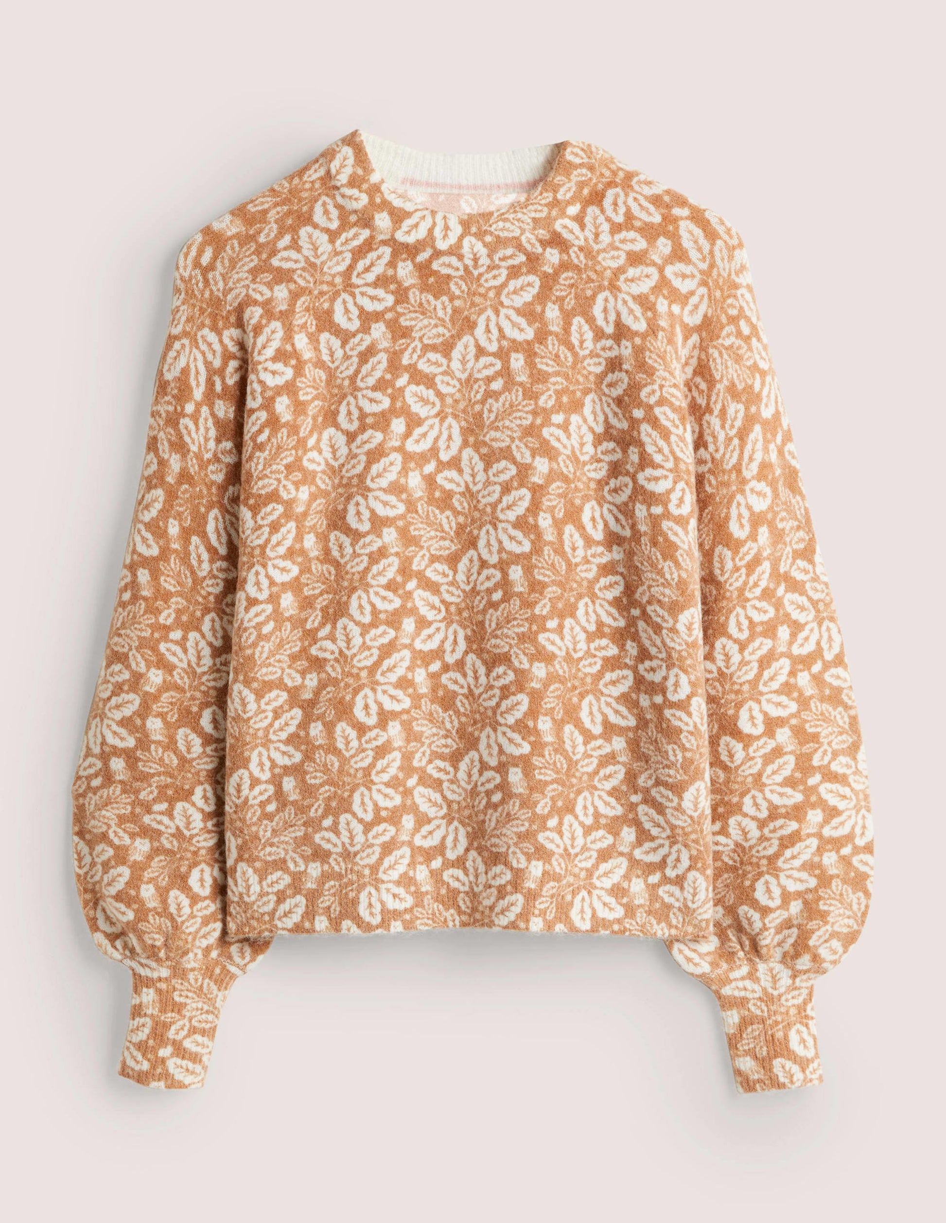 Blouson Sleeve Fluffy Sweater-Assam Brown, Acorn Leaf-6