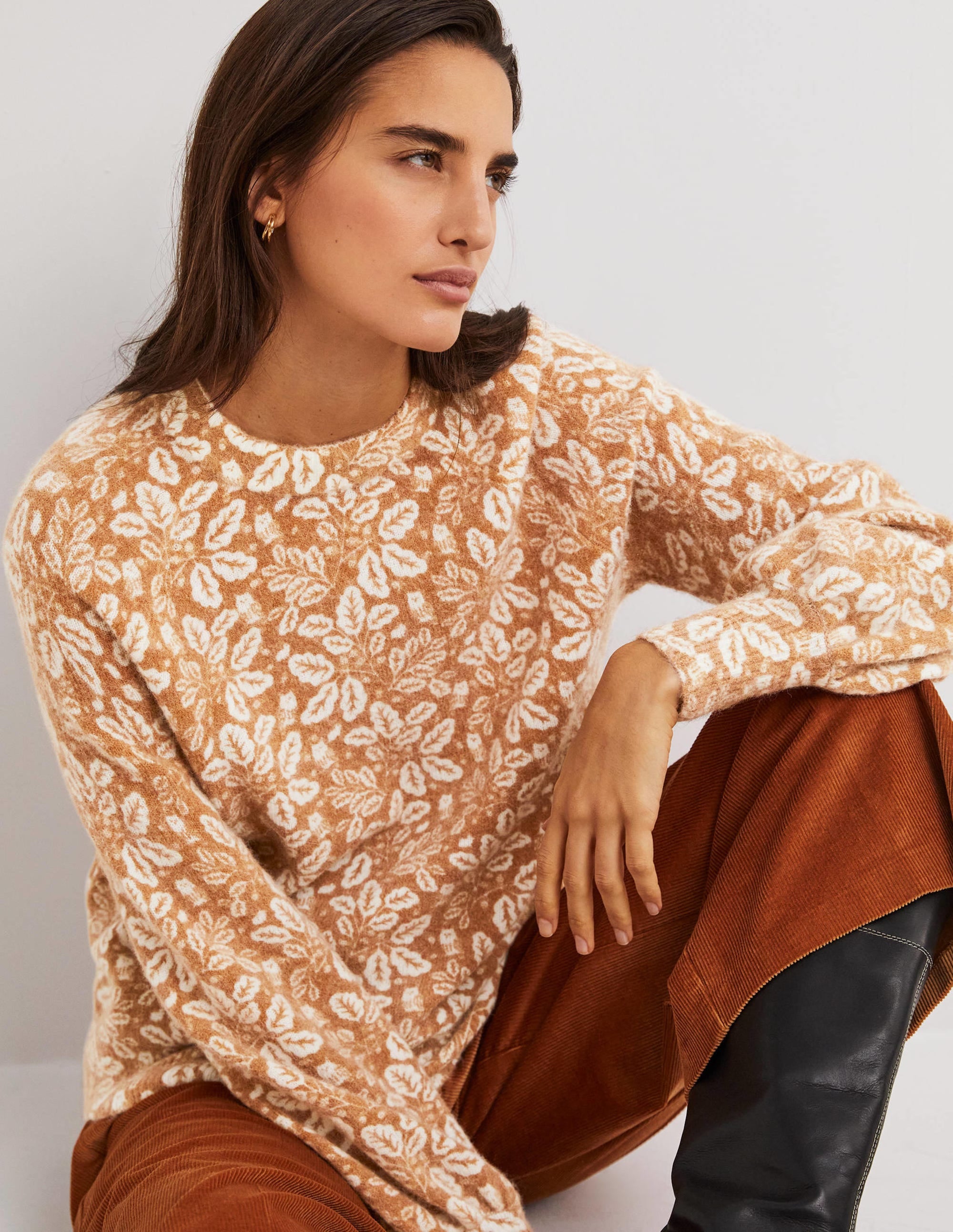 Blouson Sleeve Fluffy Sweater-Assam Brown, Acorn Leaf - Image 1